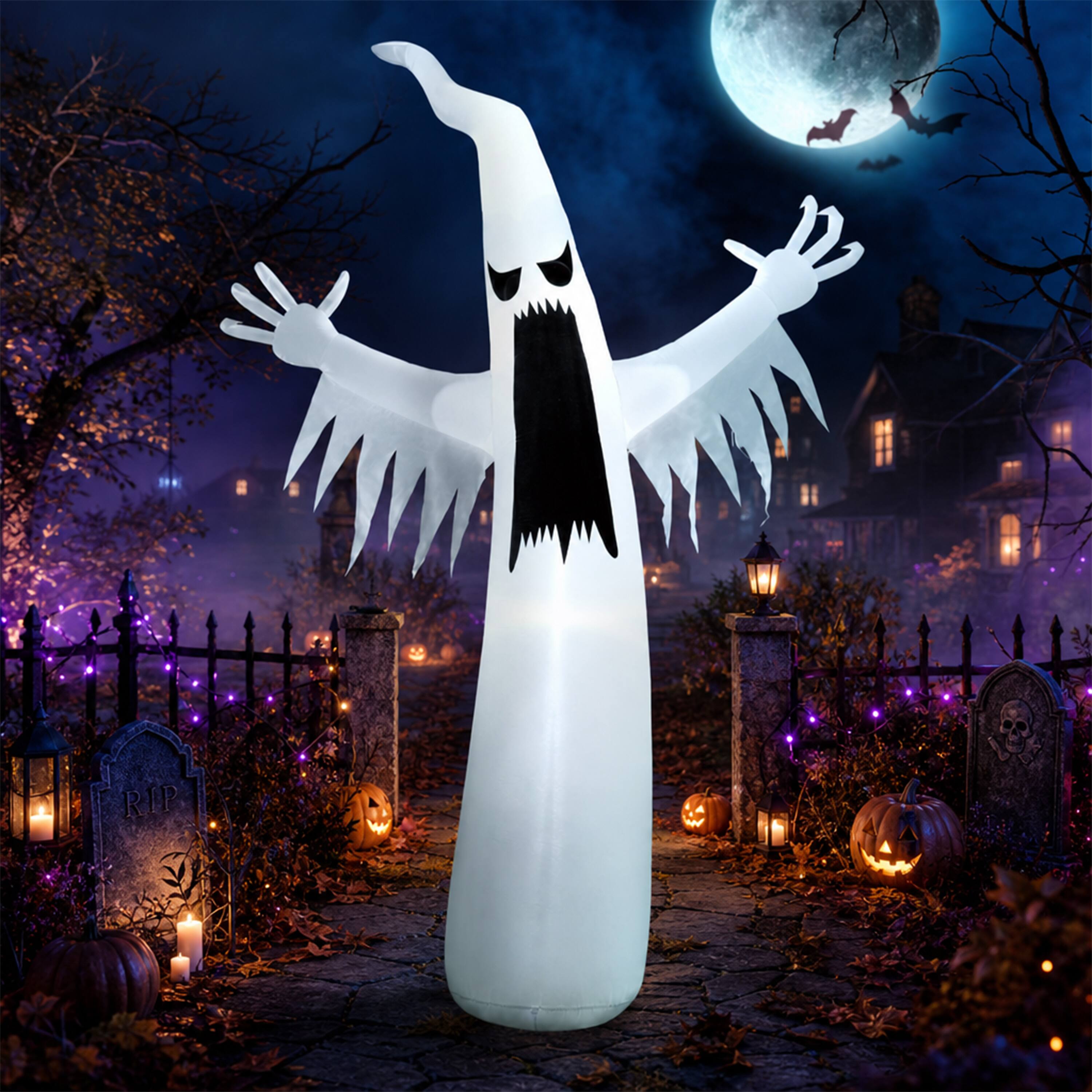 Angle. Joyfy - 12FT Towering Ghost Halloween Inflatable – Ghost Decoration with Built-in LEDs for Yard, Lawn & Outdoor Party Displays - White.