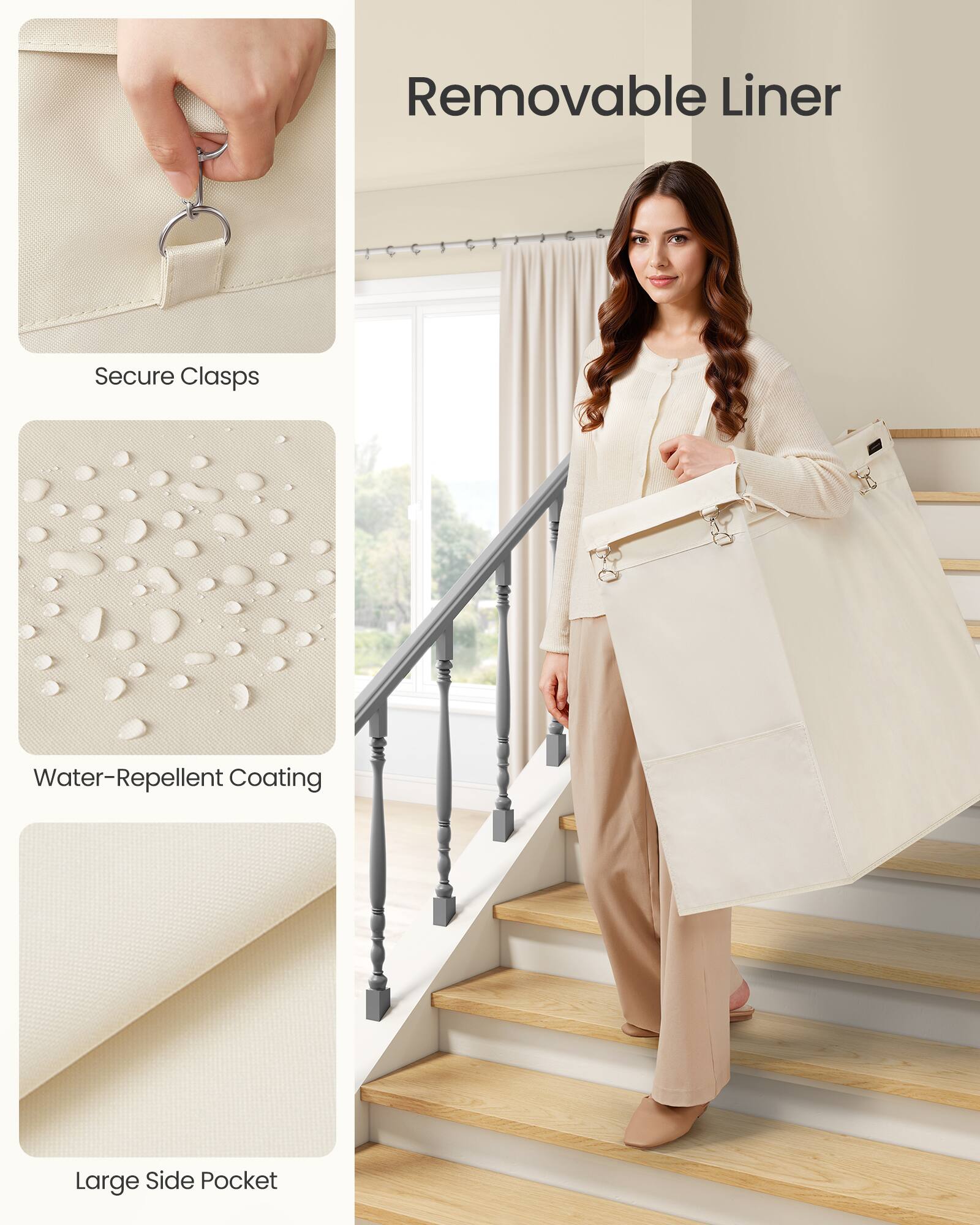 - Removable Liner
- Secure Clasps
- Water-Repellent Coating
- Large Side Pocket