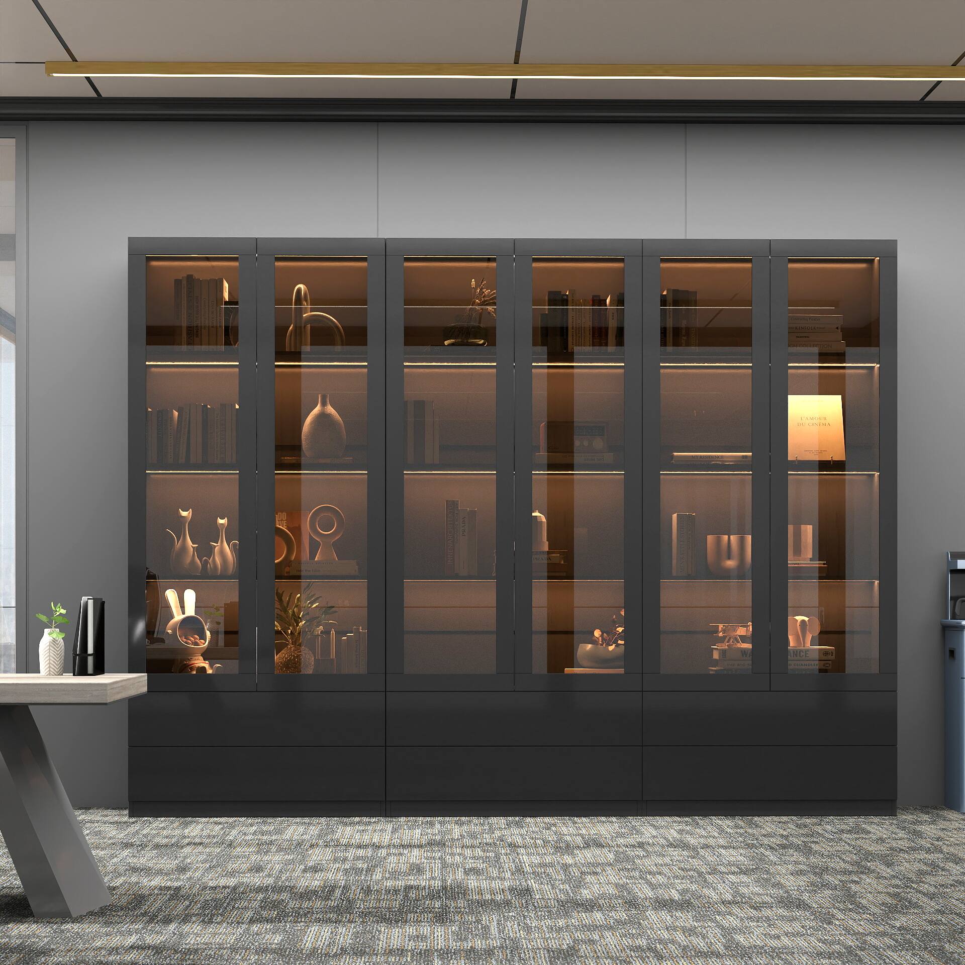 Back. APRILSOUL - Display Cabinet Glass Doors 2 Drawer LED Black Bookcase - Black.