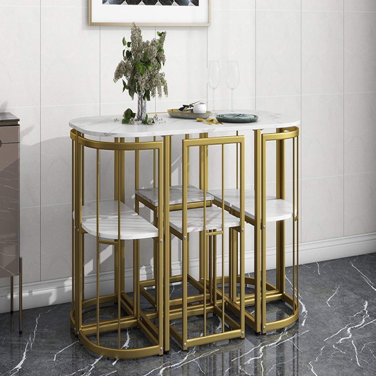 Back. Loheer - Loheer 7 Piece Dining Set for 6, 53.5 Inch Faux Marble White Table, Modern Black and Gold Chairs - Black and Faux Marble White.