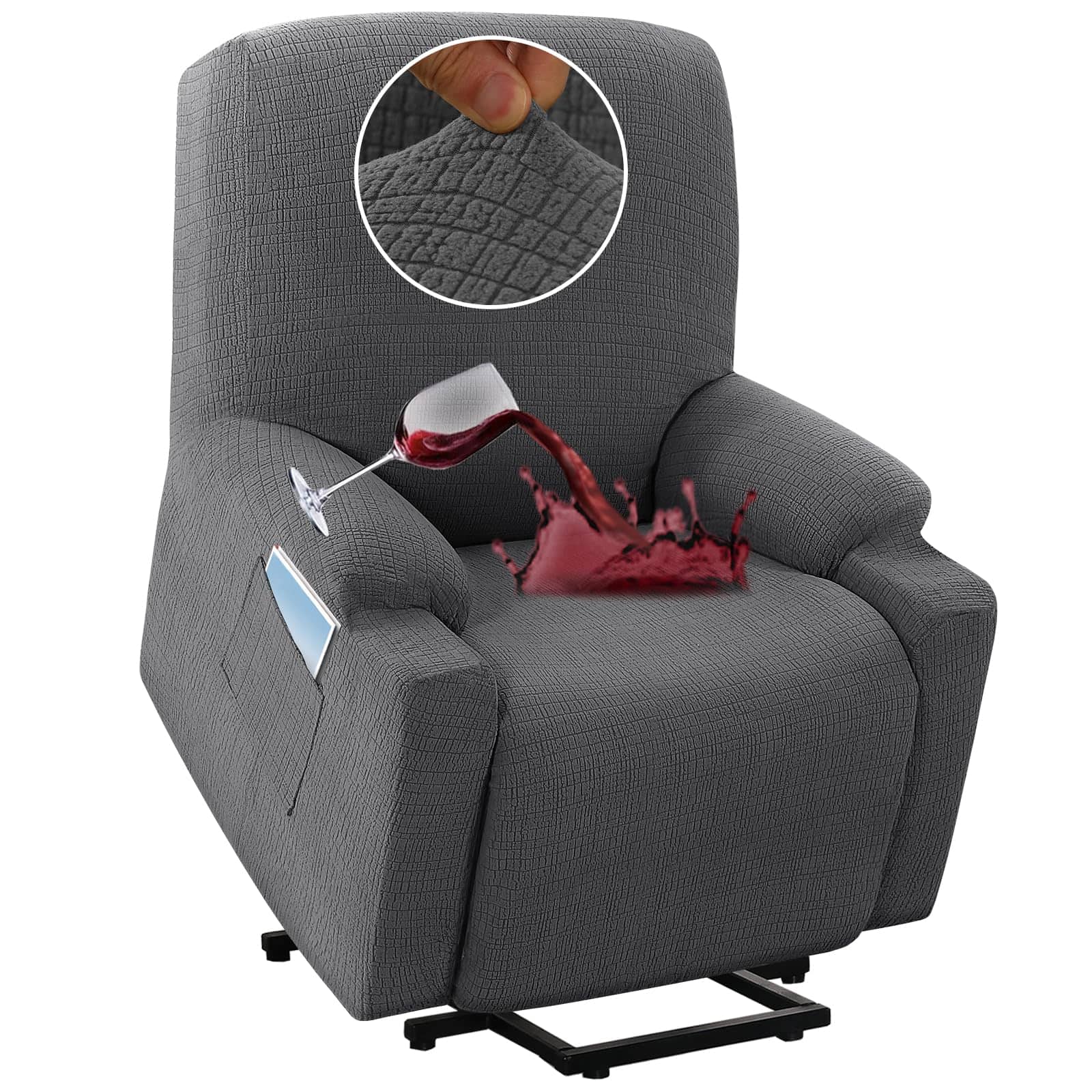 Fabibe - Waterproof Stretch Recliner Cover Electric Power Lift Recliner Chair Cover for Elderly People with Side Pocket - Grey Small