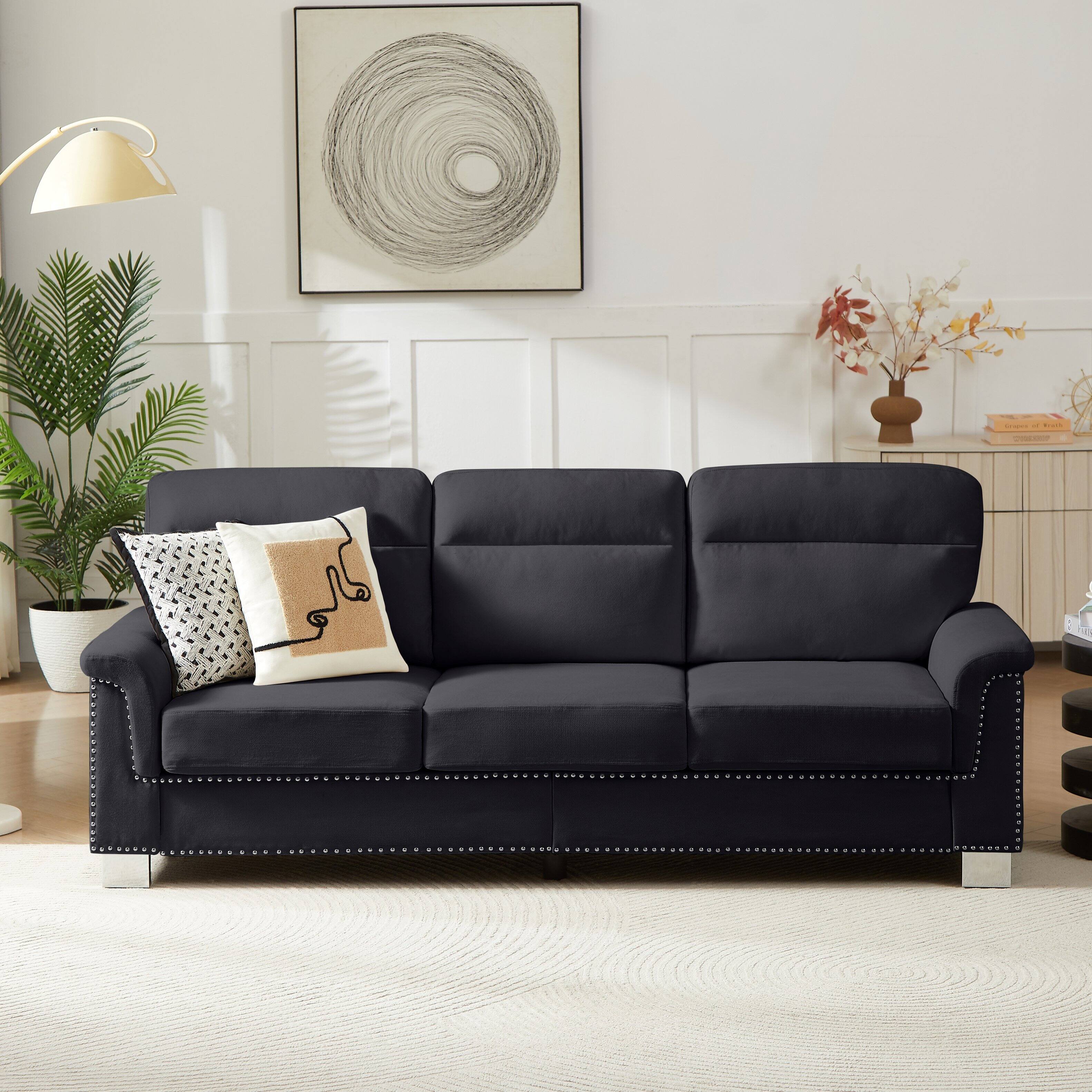 Front. Tiramisubest - 82" Modern Compressed Snowfleece Fabric 3-Seater Sofa, for Living Room, Bedroom, Office & Entertainment Spaces - Black.