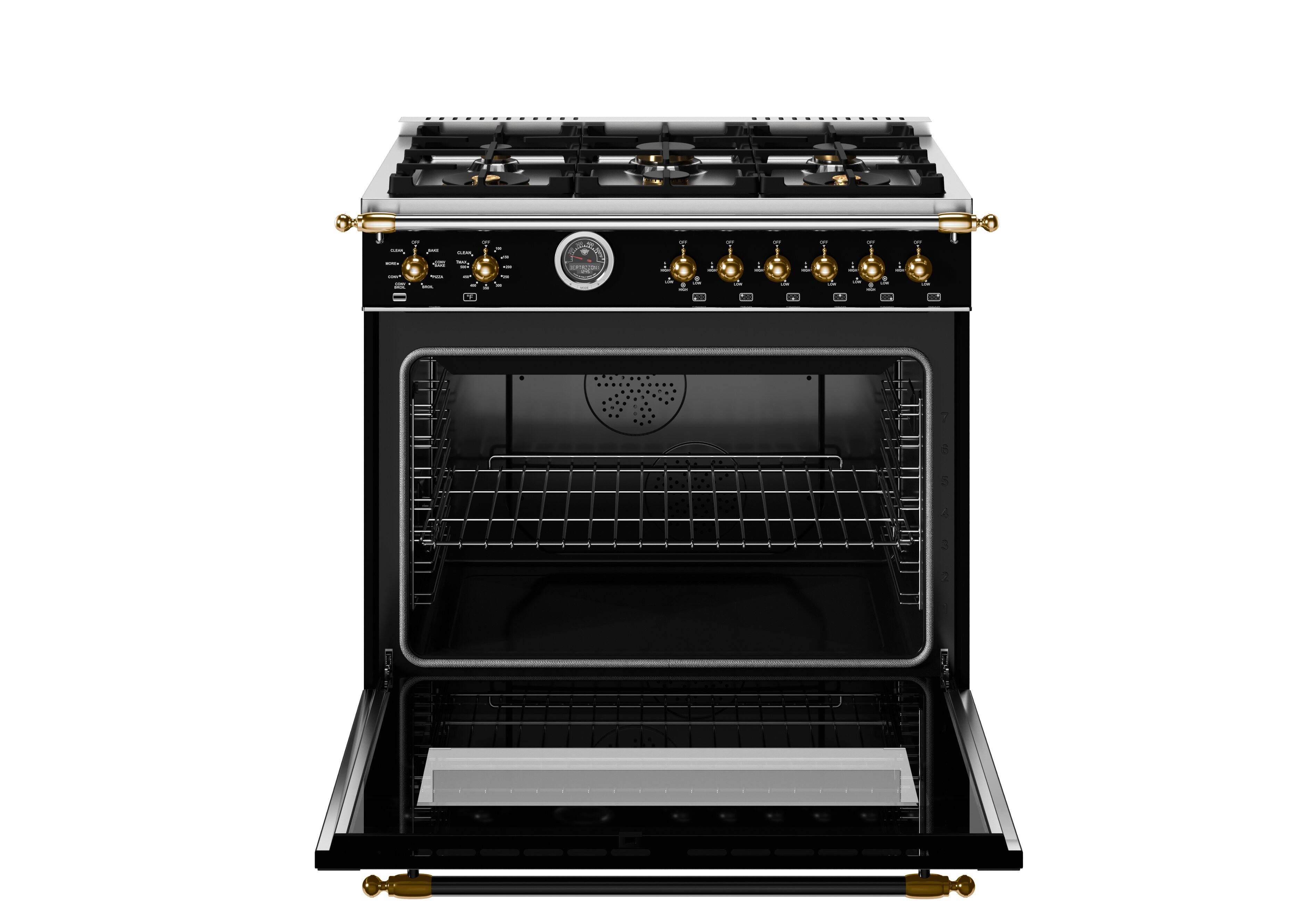 Left. Bertazzoni - 36" Heritage Series 5.7 Cu. Ft. Freestanding Dual Fuel Range - Nero Matt/Gold - Black.