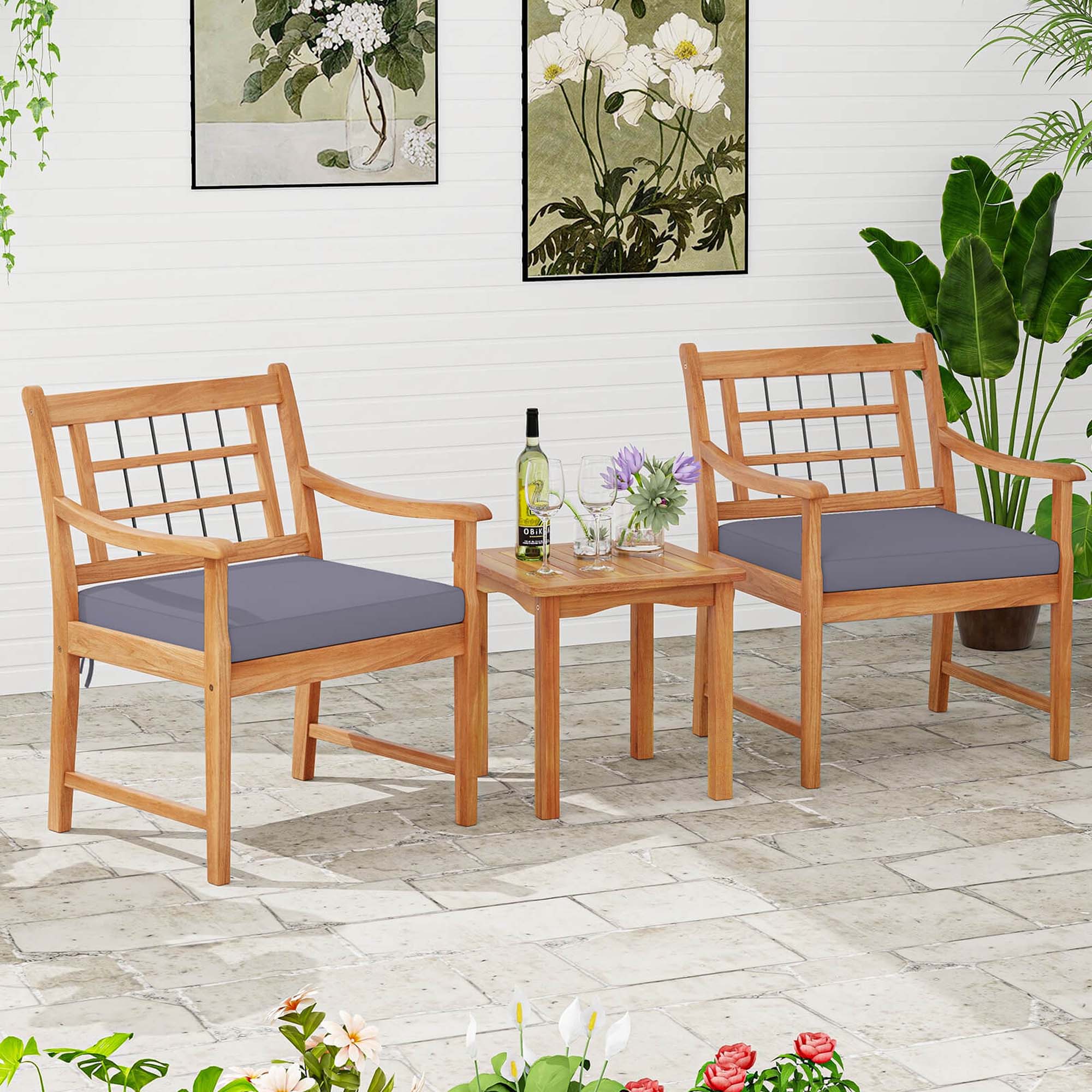 Alt View 4. Costway - 3 PCS Acacia Wood Patio Bistro Set Outdoor Chairs with Coffee Table for Porch - Gray.
