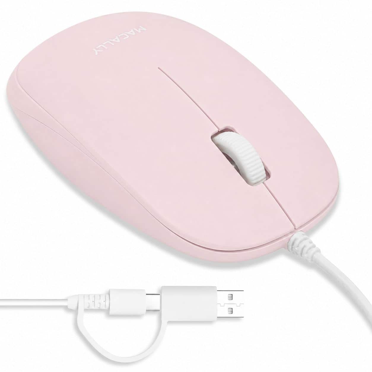 Macally - Wired Mouse for Mac and PC - Dual USB C + A Plug - Simple Ambidextrous 3 Button USB Mouse Wired - Wired - Pink