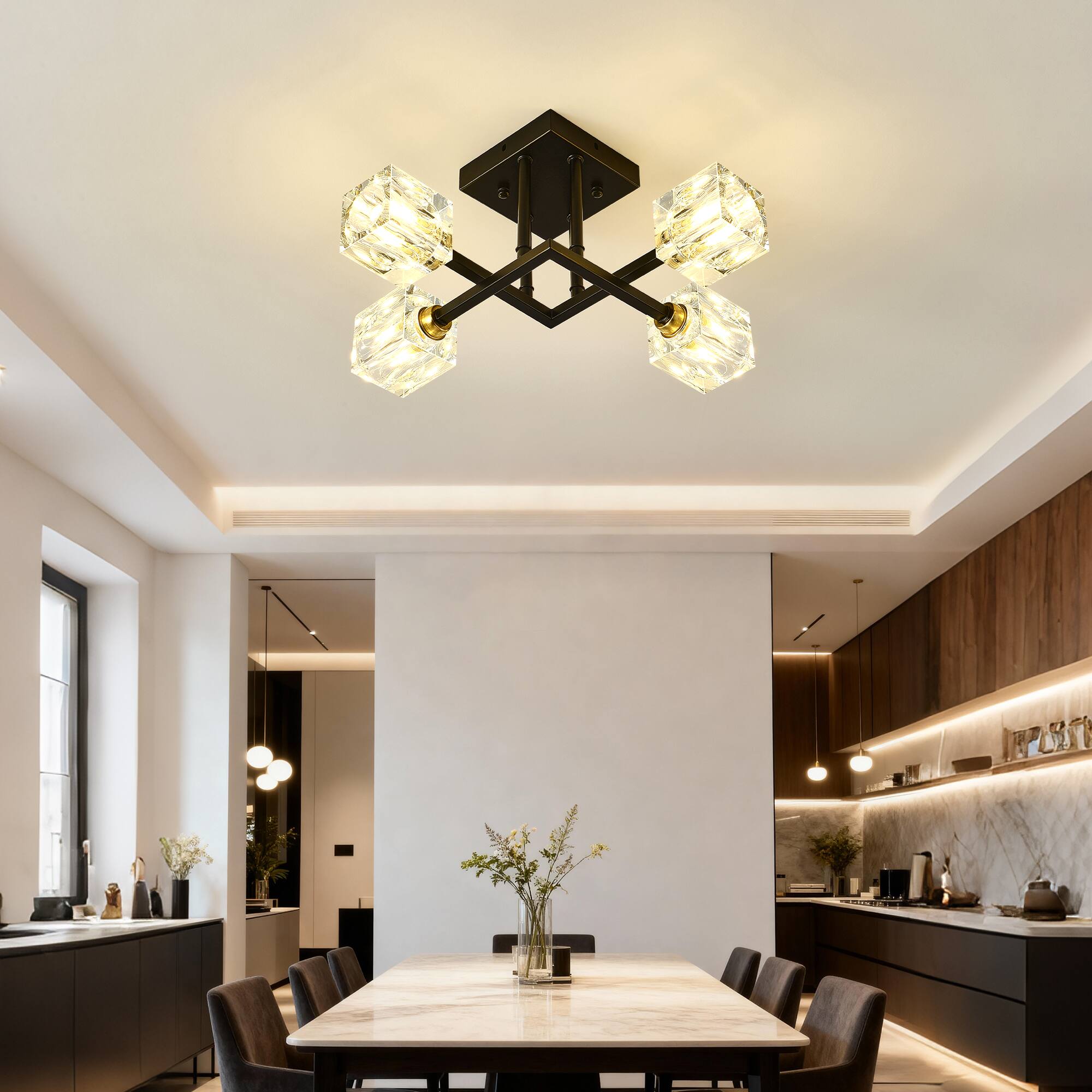 Alt View 2. Boyel Living - Matte Black Modern Crystal Ceiling Light 4 Lights Bulb Included for Dining Room Living Bedroom.