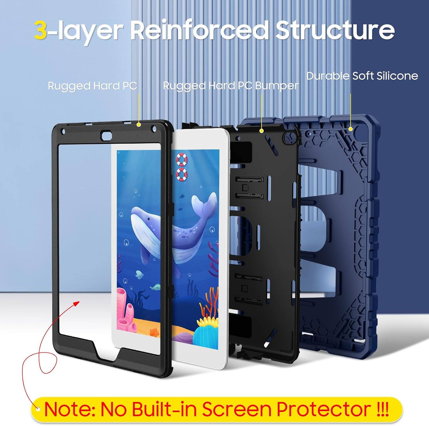 3-layer Reinforced Structure

Rugged Hard PC

Rugged Hard PC Bumper

Durable Soft Silicone

Note: No Built-in Screen Protector!!!