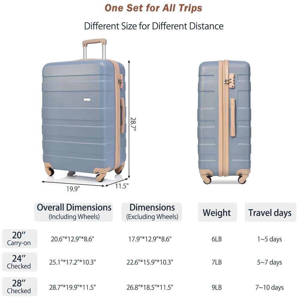 One Set for All Trips  
Different Size for Different Distance  

20" Carry-on  
Overall Dimensions (Including Wheels): 20.6" x 12.9" x 8.6"  
Dimensions (Excluding Wheels): 17.9" x 12.9" x 8.6"  
Weight: 6LB  
Travel days: 1~5 days  

24" Checked  
Overall Dimensions (Including Wheels): 25.1" x 17.2" x 10.3"  
Dimensions (Excluding Wheels): 22.6" x 15.9" x 10.3"  
Weight: 7LB  
Travel days: 5~7 days  

28" Checked  
Overall Dimensions (Including Wheels): 28.7" x 19.9" x 11.5"  
Dimensions (Excluding Wheels): 26.8" x 18.5" x 11.5"  
Weight: 9LB  
Travel days: 7~10 days