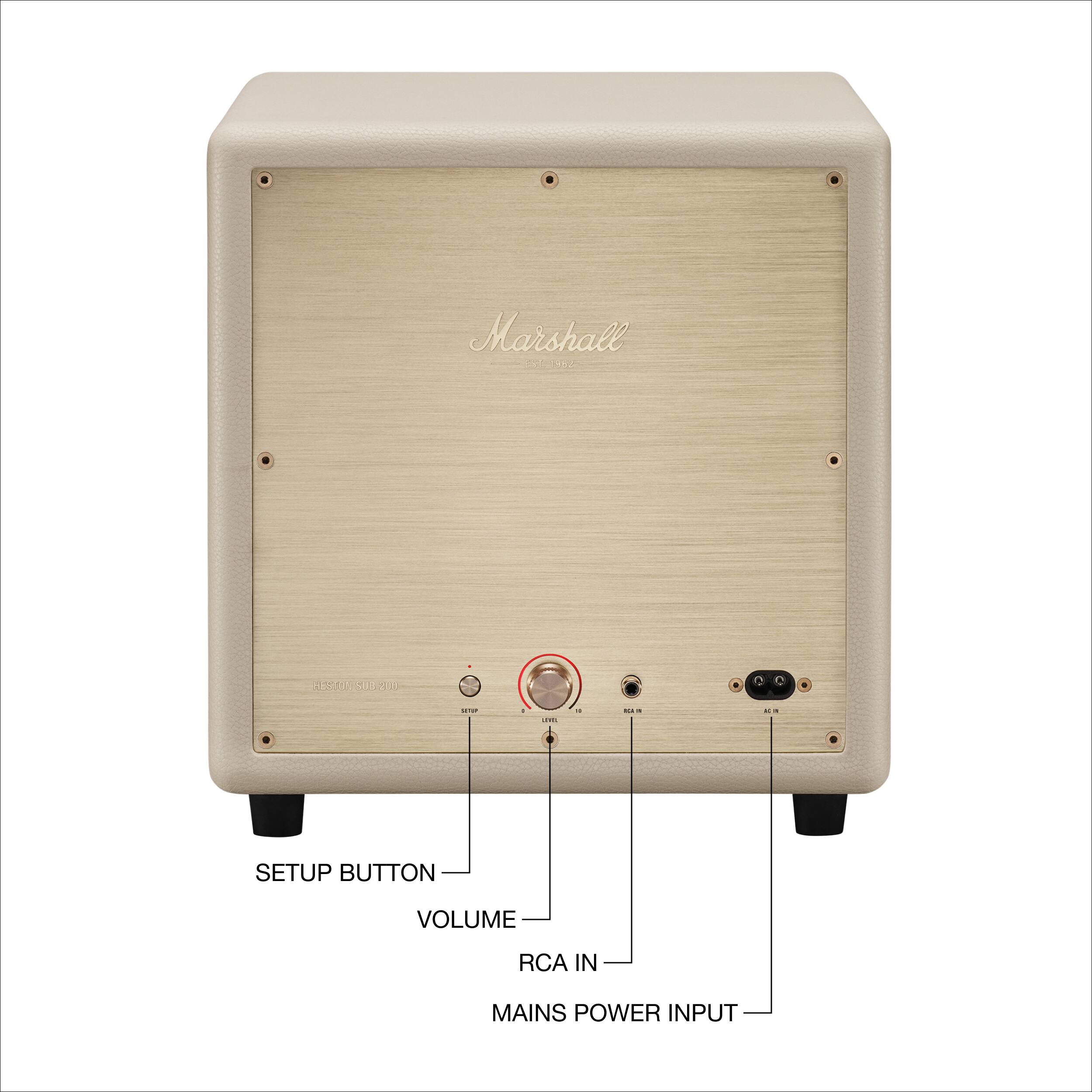 Marshall

- SETUP BUTTON
- VOLUME
- RCA IN
- MAINS POWER INPUT