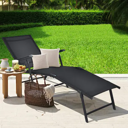 Front. Mondawe - Foldable Patio Chaise Lounge Chair w 5-Position Backrest & 2-Position Footrest 330 lbs - Black.