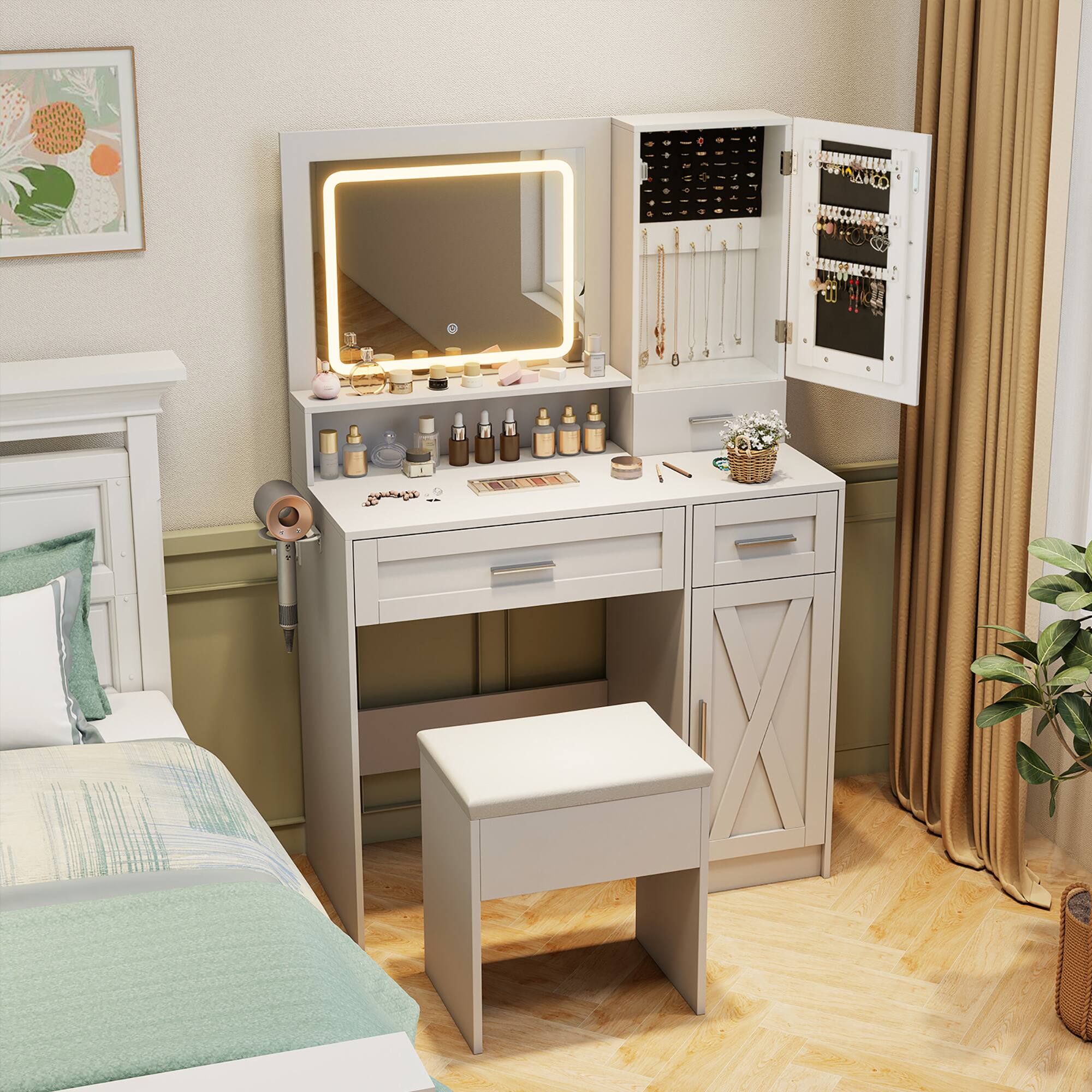 Alt View 4. Gymax - Gymax Farmhouse Vanity Set w/Mirror & Lights 3 Lighting Modes & Adjustable Brightness - White.