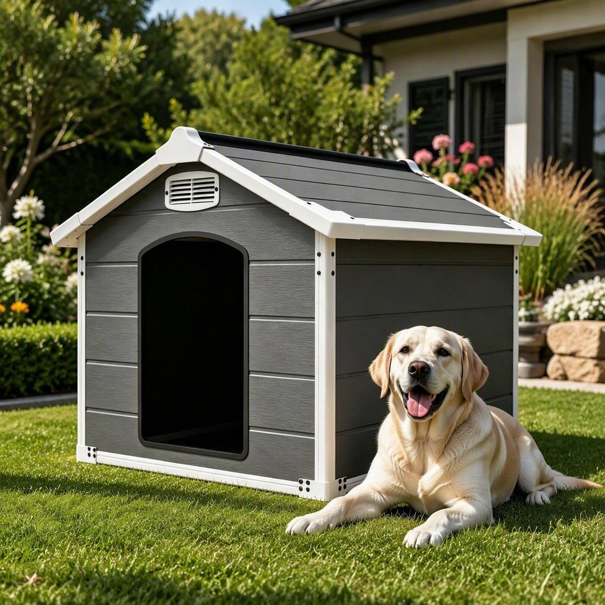 Angle. RYHNUYNE - Large Dog House for Big Breeds, 50.5" Waterproof Outdoor Shelter, Double-Wall PP, UV Protected.