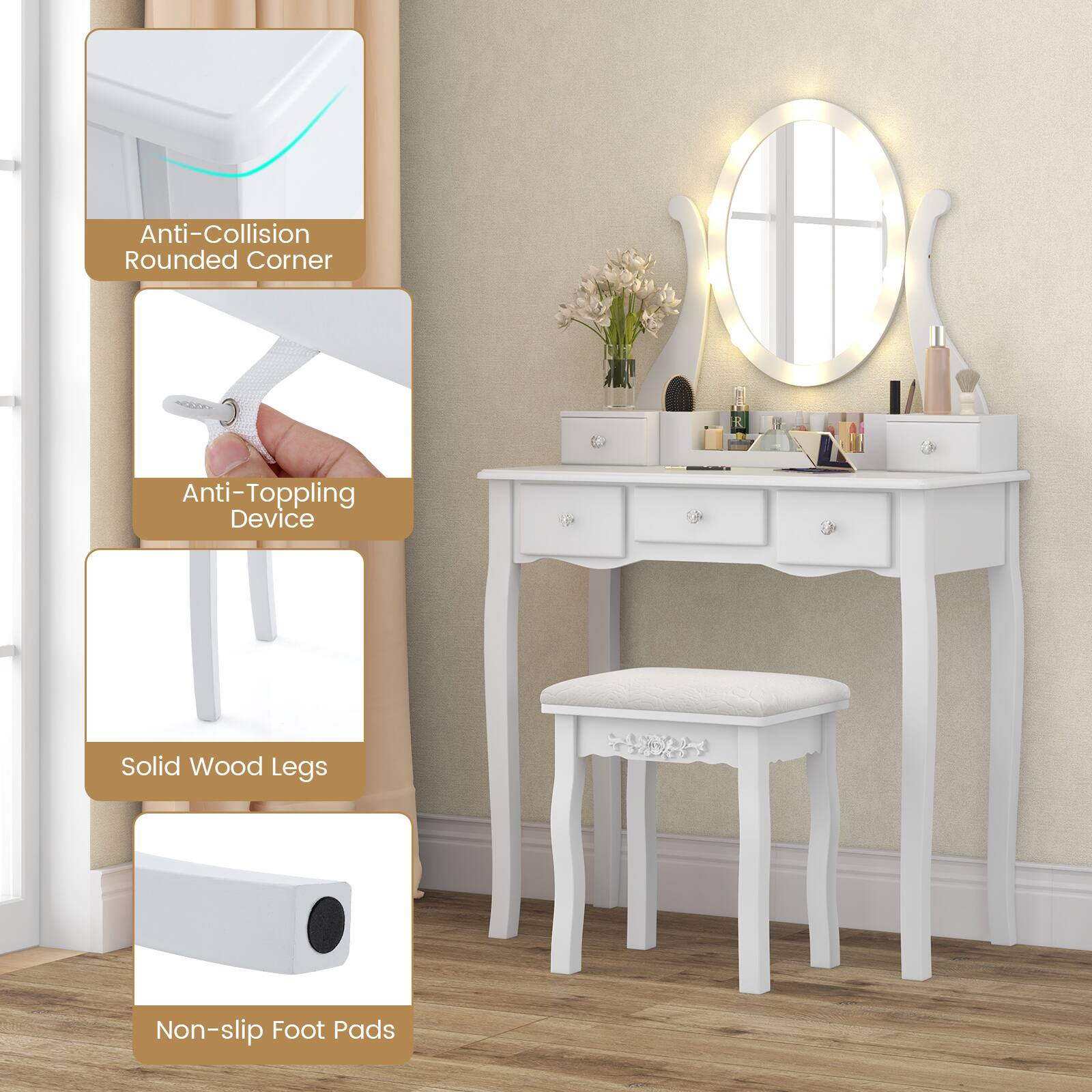 - Anti-Collision Rounded Corner
- Anti-Toppling Device
- Solid Wood Legs
- Non-slip Foot Pads