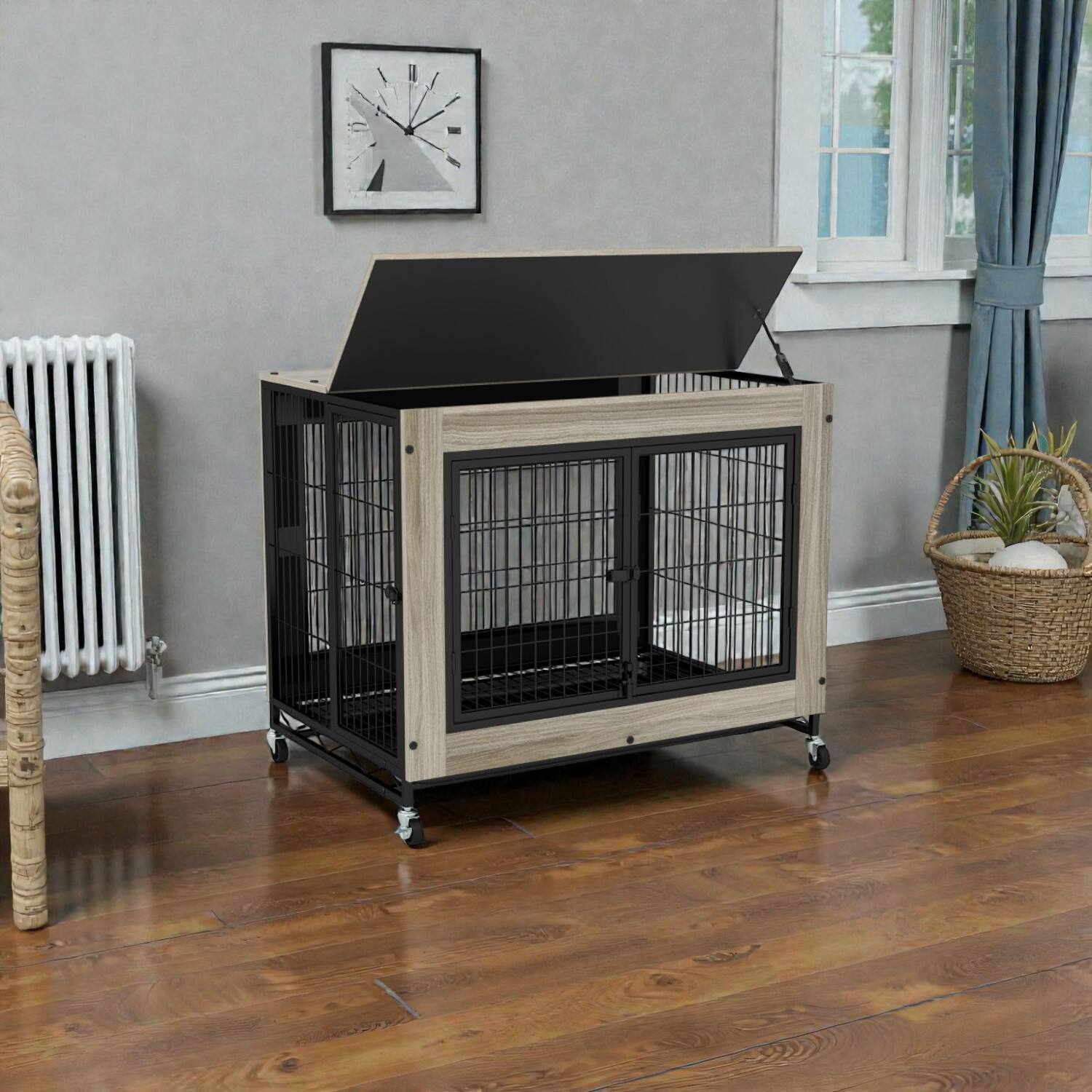 Front. Hivvago - Industrial Dog Cage with Upward-Opening Lid, 3 Lockable Entrances, and Pull-Out Tray - Grey.