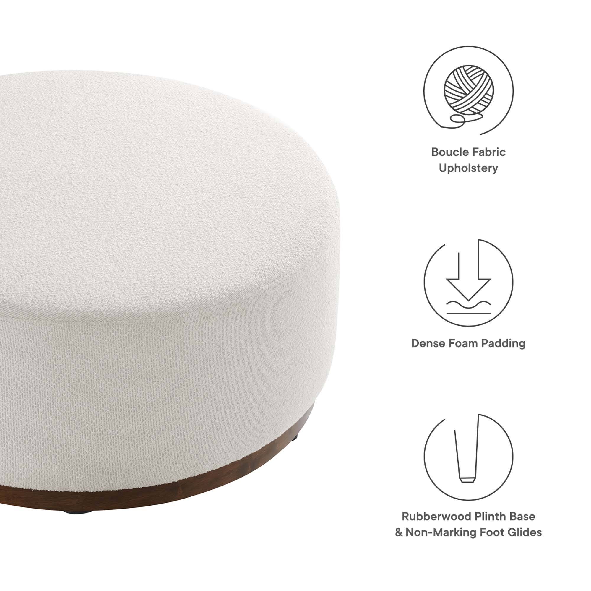 - Boucle Fabric Upholstery
- Dense Foam Padding
- Rubberwood Plinth Base & Non-Marking Foot Glides