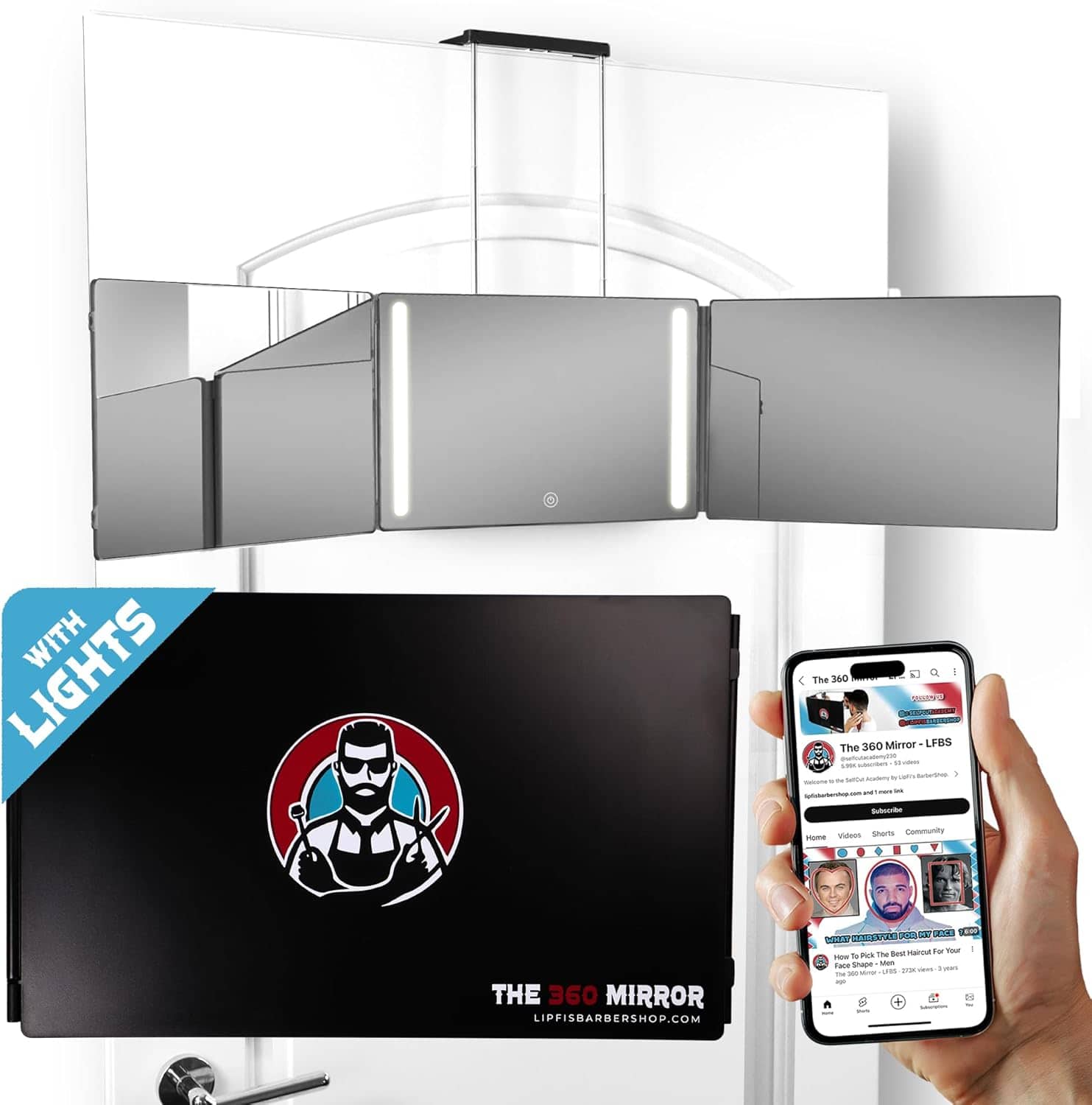 Stamp n Camp - The 360 Mirror, 3 Way Mirror for Self Hair Cutting, Adjustable Trifold Barber Miror to Cut Your Own Hair - Black - With Led