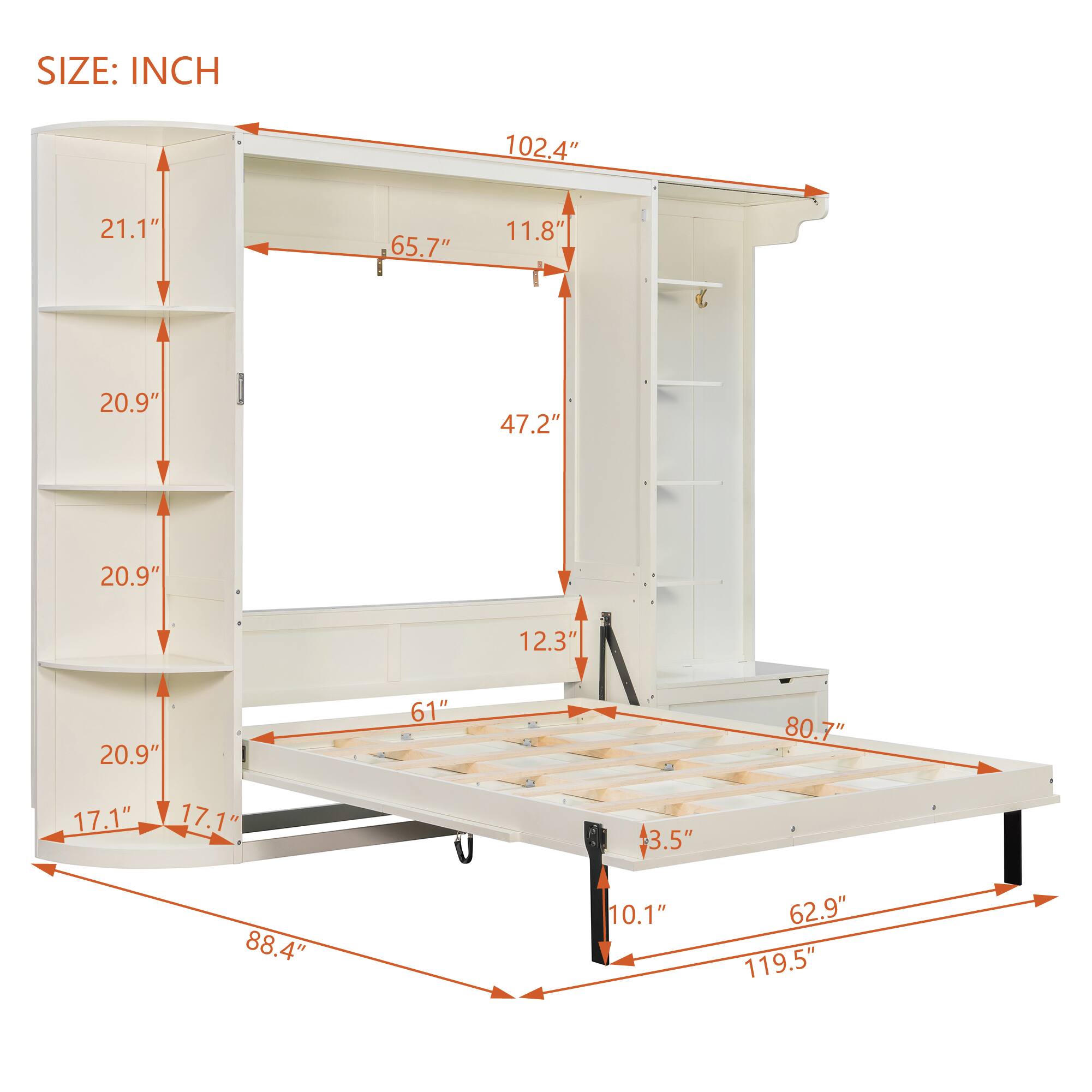SIZE: INCH  
102.4" 21.1" 65.7" 11.8" 20.9" 47.2" 20.9" 12.3" 20.9" 61" 80.7" 17.1" 17.1" 3.5" 88.4" 10.1" 62.9" 119.5"