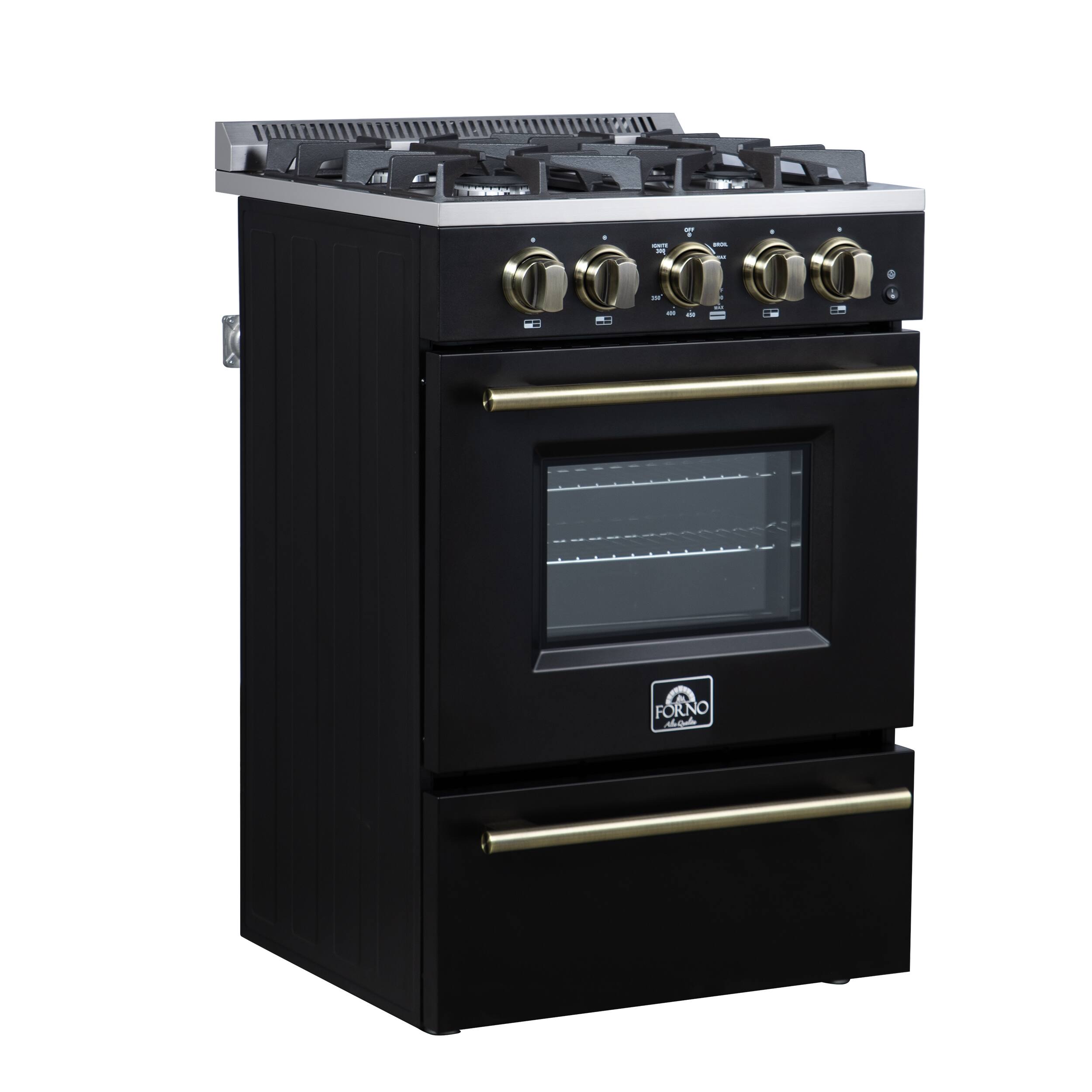 Left. Forno Appliances - Breno 2.3 Cu. Ft. Freestanding Gas Range with Antique Brass Accents - Black.