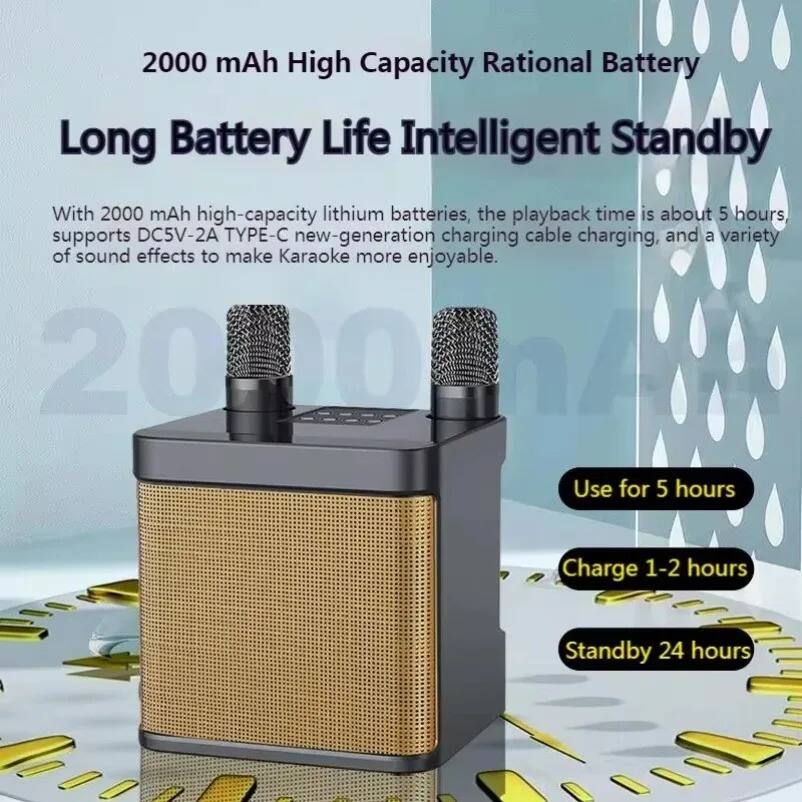 2000 mAh High Capacity Rational Battery  
Long Battery Life Intelligent Standby  

With 2000 mAh high-capacity lithium batteries, the playback time is about 5 hours, supports DC5V-2A TYPE-C new-generation charging cable charging, and a variety of sound effects to make Karaoke more enjoyable.  

Use for 5 hours  
Charge 1-2 hours  
Standby 24 hours