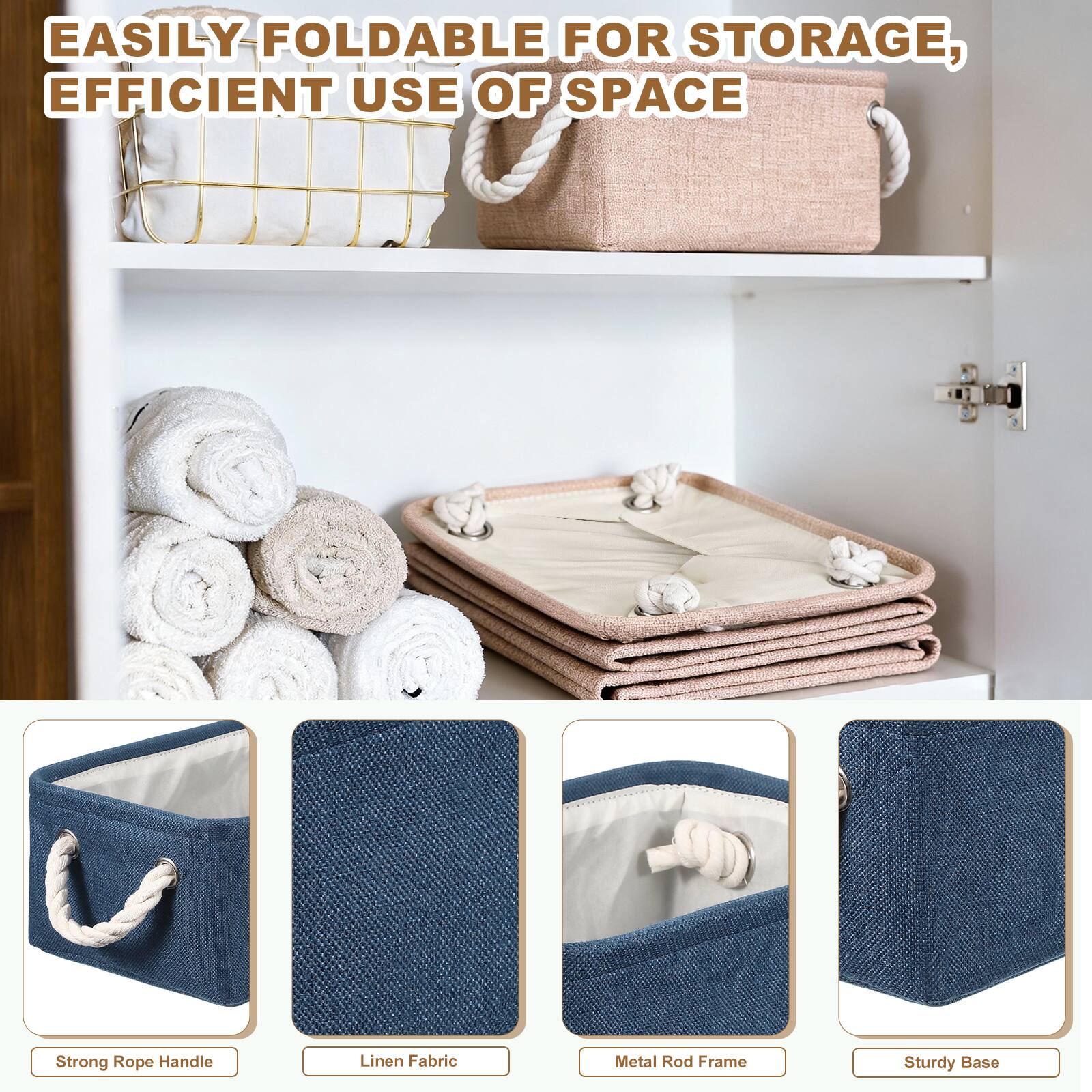 EASILY FOLDABLE FOR STORAGE, EFFICIENT USE OF SPACE

Strong Rope Handle
Linen Fabric
Metal Rod Frame
Sturdy Base