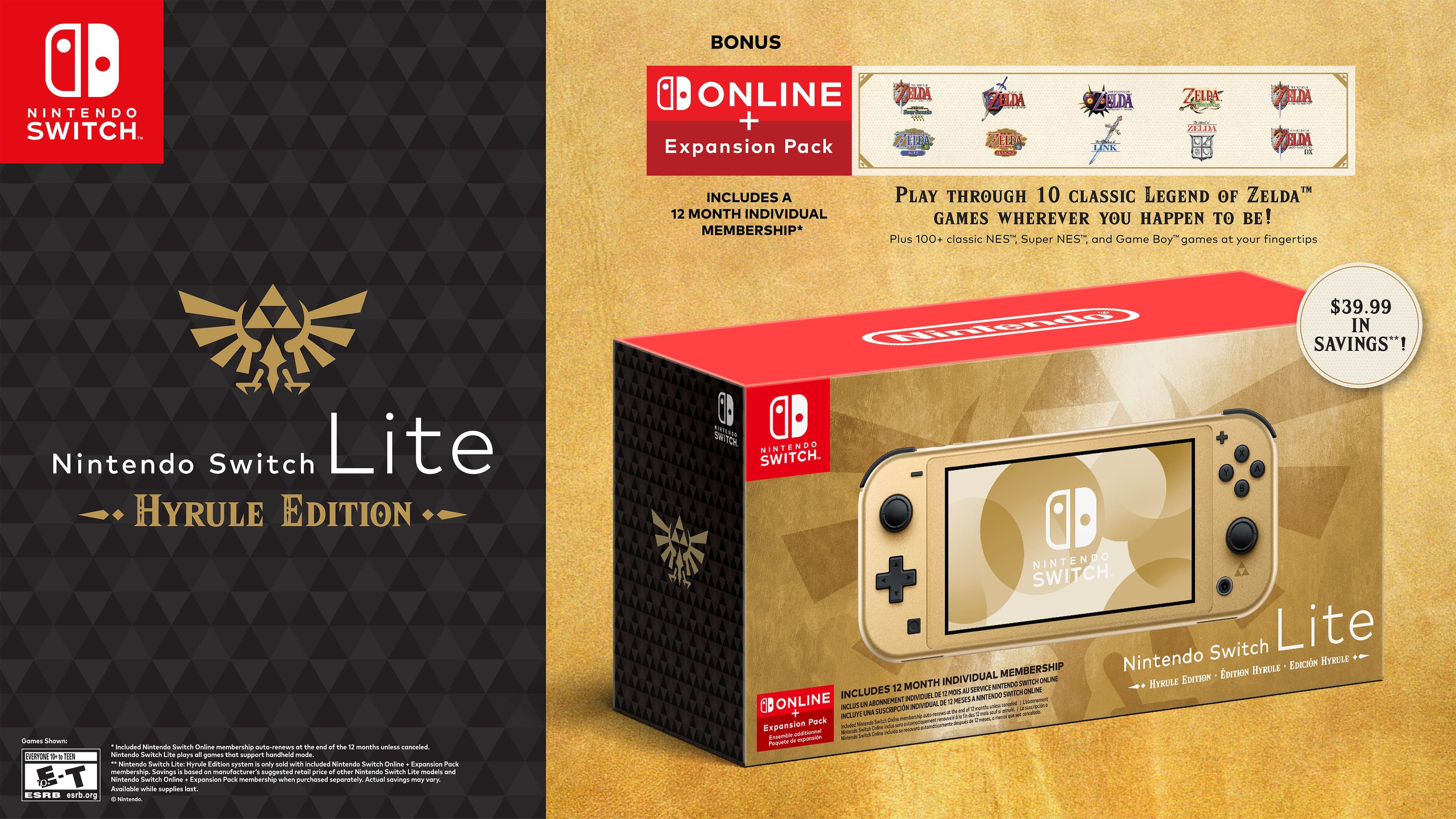 Nintendo Switch Lite Hyrule Edition comes with a 12-month individual membership to Nintendo Switch Online, which includes access to 10 classic Legend of Zelda games and 100+ classic NES, Super NES, and Game Boy games. The box also includes a gold-colored Nintendo Switch Lite system and a gold-colored Nintendo Switch Online Expansion Pack. The package is priced at $39.99, offering a savings of $39.99 compared to purchasing the items separately.