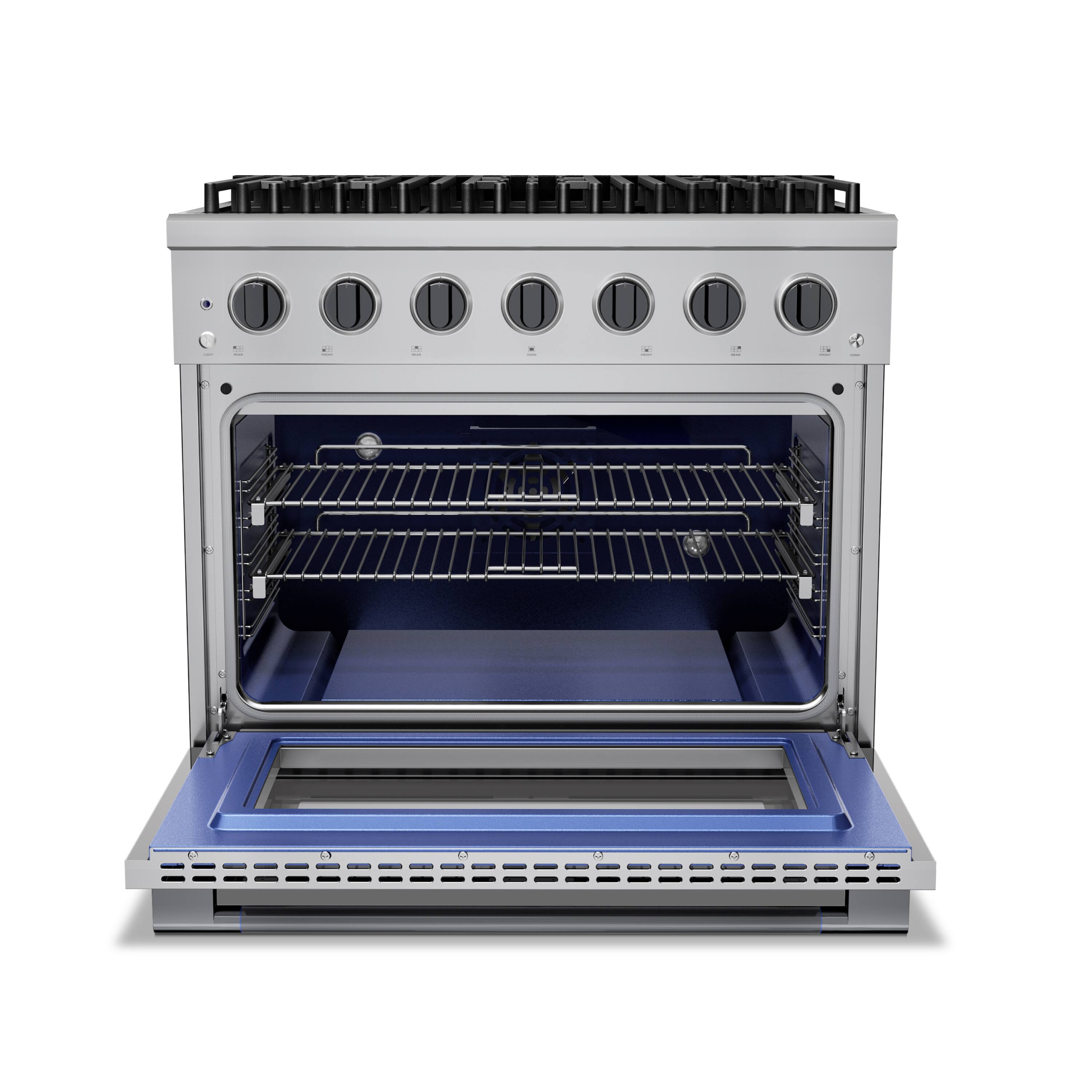 Angle. Hauslane - HausPro 36 in. 6 Burners (20,000 BTU) Freestanding Dual Fuel Range with Convection Oven, Black Stainless Steel - Black Stainless Steel.