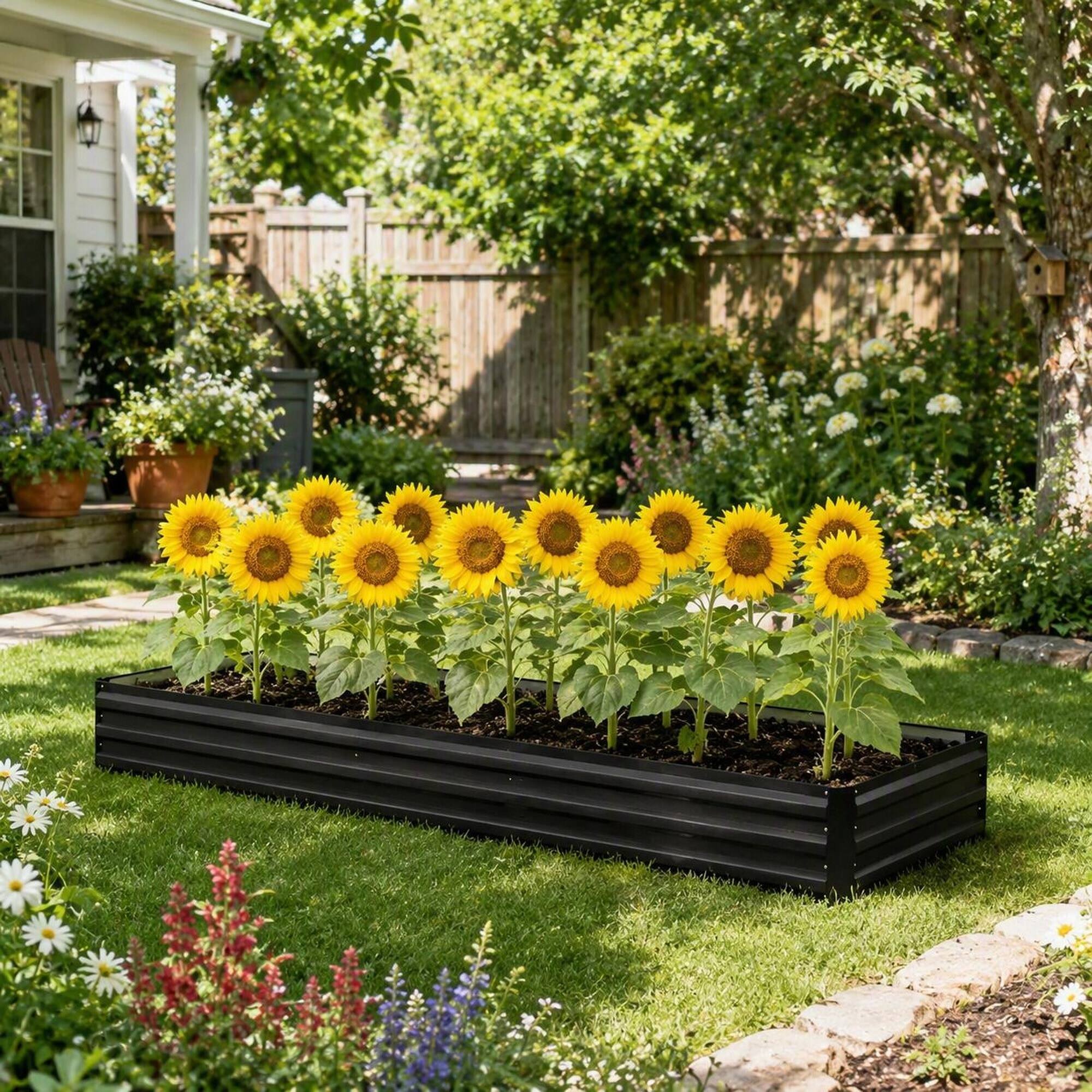 Alt View 2. RYHNUYNE - Galvanized Steel Raised Garden Bed 95x35.75x11.75 Inch Black Metal Planter Box for Vegetables Flowers - Black.