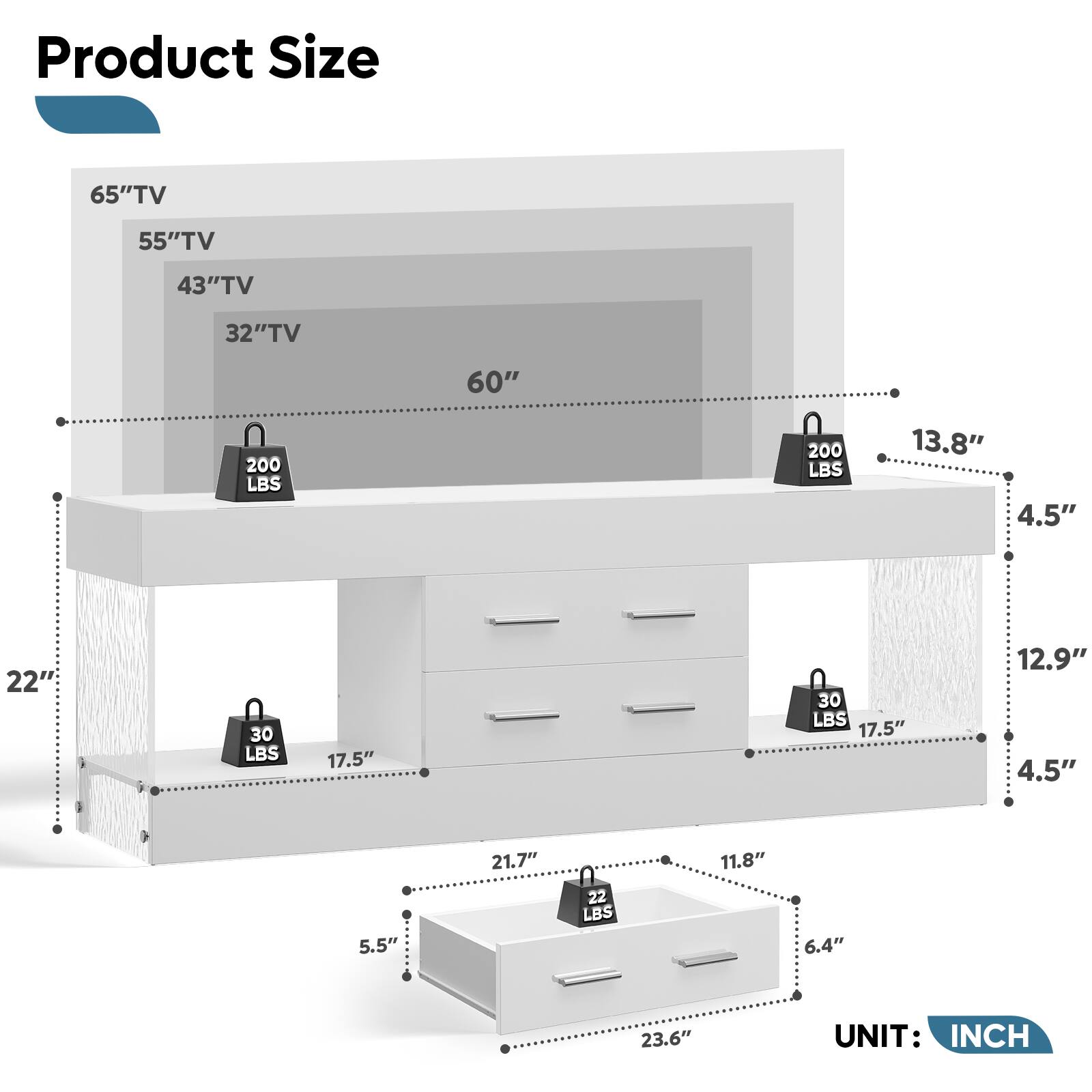 Product Size

- 65" TV
- 55" TV
- 43" TV
- 32" TV
- 60"
- 200 LBS
- 200 LBS
- 13.8"
- 4.5"
- 22"
- 30 LBS
- 17.5"
- 30 LBS
- 17.5"
- 12.9"
- 4.5"
- 5.5"
- 21.7"
- 22 LBS
- 11.8"
- 6.4"
- 23.6"

UNIT: INCH