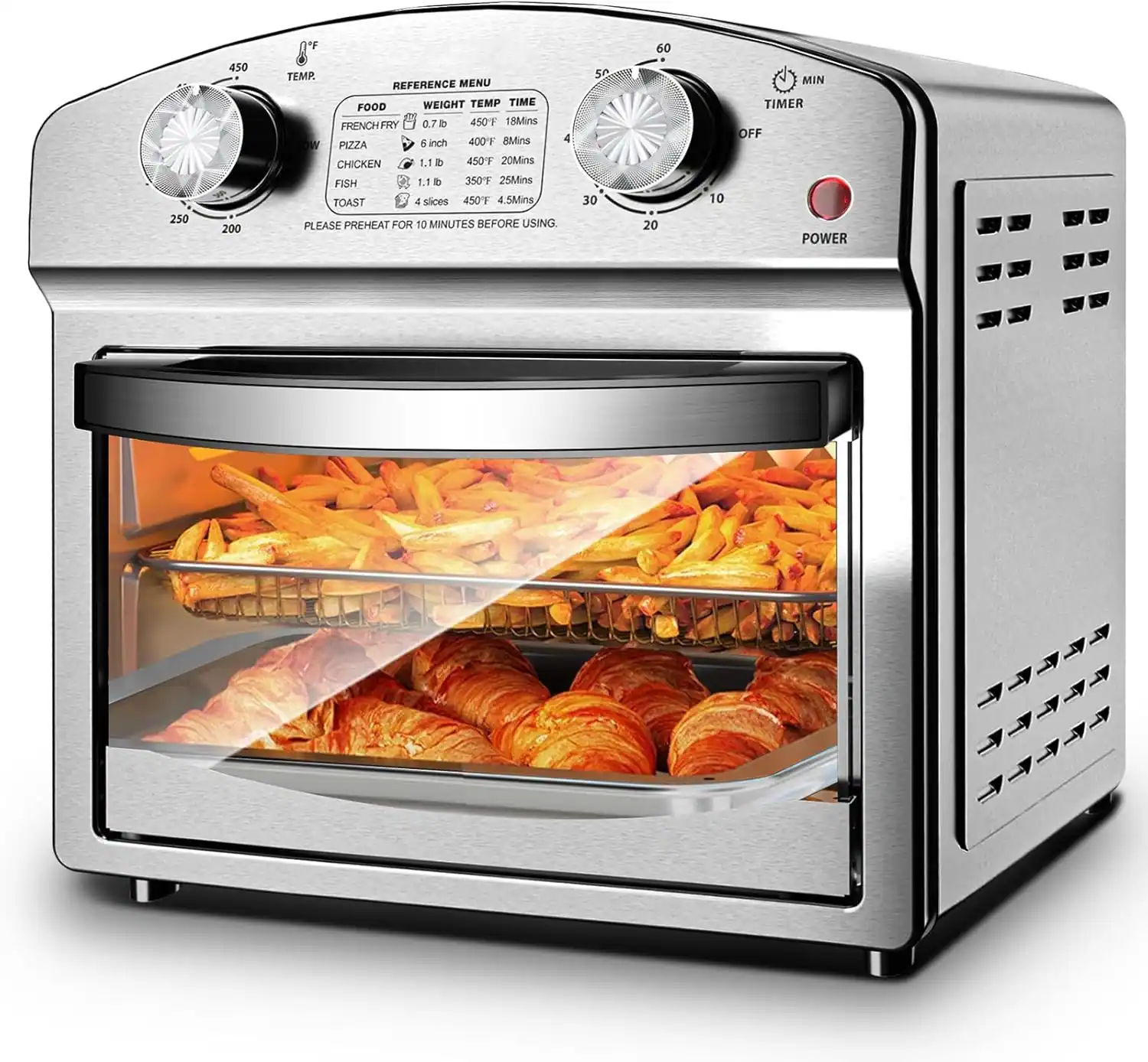 Sure, here is the corrected and grouped text from the image:
---
**TEMP.**
250 450
**REFERENCE MENU**
FOOD | WEIGHT | TEMP | TIME
- FRENCH FRY | 0.7 lb | 450°F | 18 Mins
- PIZZA | 6 inch | 400°F | 8 Mins
- CHICKEN | 1.1 lb | 450°F | 20 Mins
- FISH | 1.1 lb | 350°F | 25 Mins
- TOAST | 4 slices | 450°F | 4.5 Mins
**PLEASE PREHEAT FOR 10 MINUTES BEFORE USING.**
---
**TIMER**
60 50 40 30 20 10
**POWER**
---
**MIN**
OFF
---
**POWER**
---
**MIN TIMER**
OFF
---
**POWER**
---