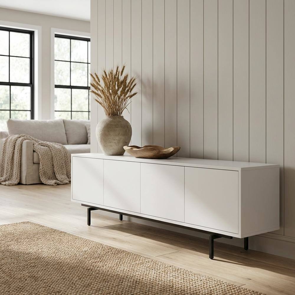 Angle. FurniFact - White Laminate TV Stand with 4 Doors and Modern Design - White.