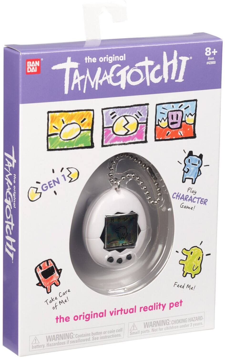 8+ Asst. #42800 BAN DAI TAMAGOTCHI the original TAMAGOTCHI the 1 GEN Play CHARACTER Game! Feed Me! Take Care of Me! virtual reality pet WARNING: CHOKING HAZARD- Small parts. Not for children under 3 years. WARNING: Contains button or coin cell battery. Hazardous if swallowed. See instructions.