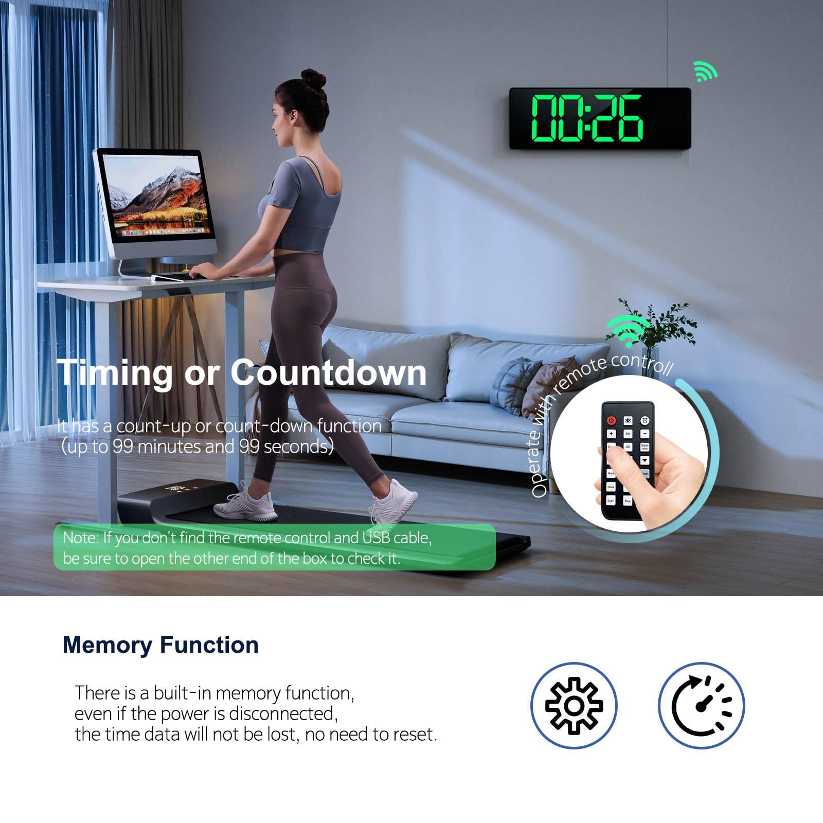 Timing or Countdown

It has a count-up or count-down function (up to 99 minutes and 99 seconds)

Note: If you don't find the remote control and USB cable, be sure to open the other end of the box to check it.

Memory Function

There is a built-in memory function, even if the power is disconnected, the time data will not be lost, no need to reset.
