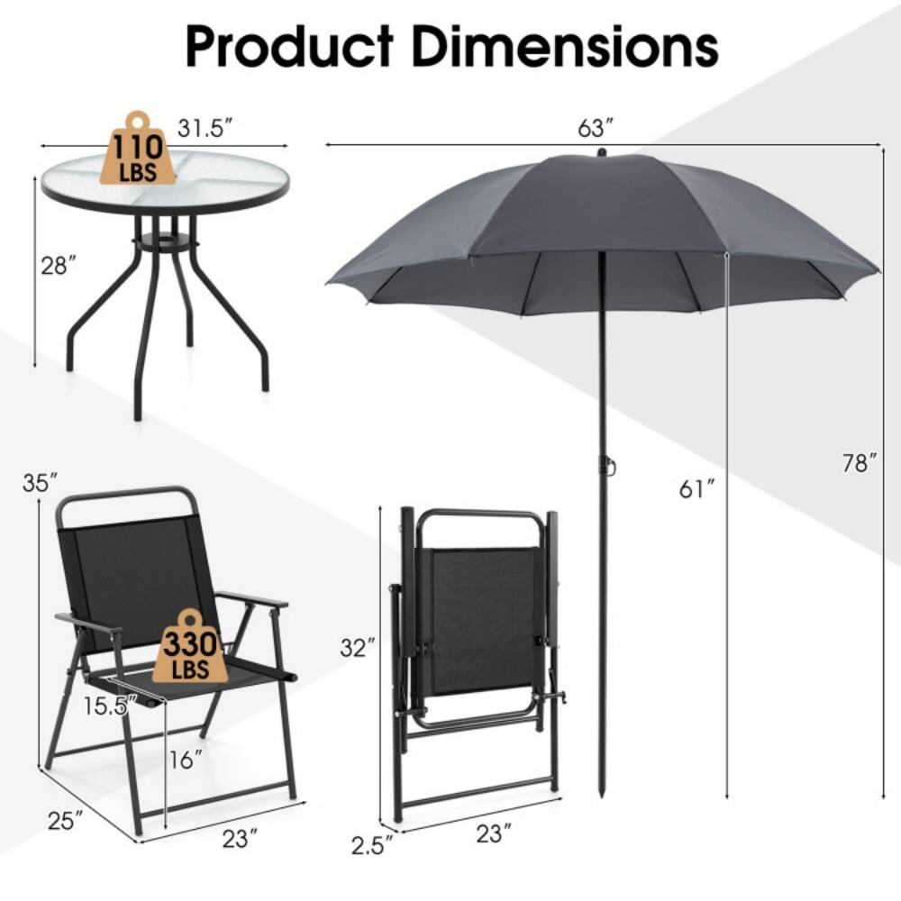 Product Dimensions:  
- Table: 31.5" diameter, 28" height, 110 lbs capacity  
- Umbrella: 63" diameter, 78" height, 61" pole length  
- Chair: 35" height, 15.5" seat width, 16" seat depth, 25" width, 23" depth, 2.5" armrest height, 330 lbs capacity