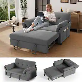 Dyonery - 3-in-1 Pull Out Sleeper Sofa with Reclining Backrest & Side Pocket, Tool-Free Assembly, Loveseat - Gray