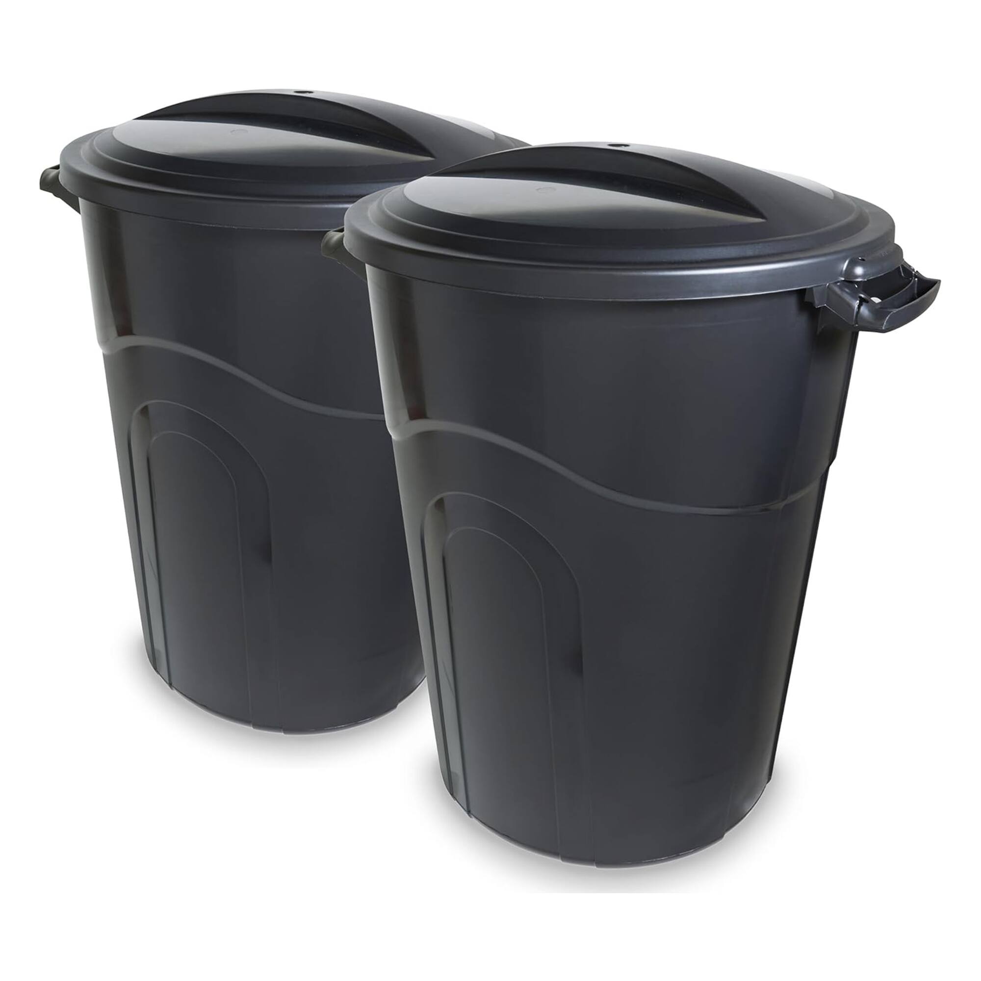 United Solutions - 2 Pack 32 Gal Outdoor Garbage Trash Bins, Lids, Handles, Black - 0