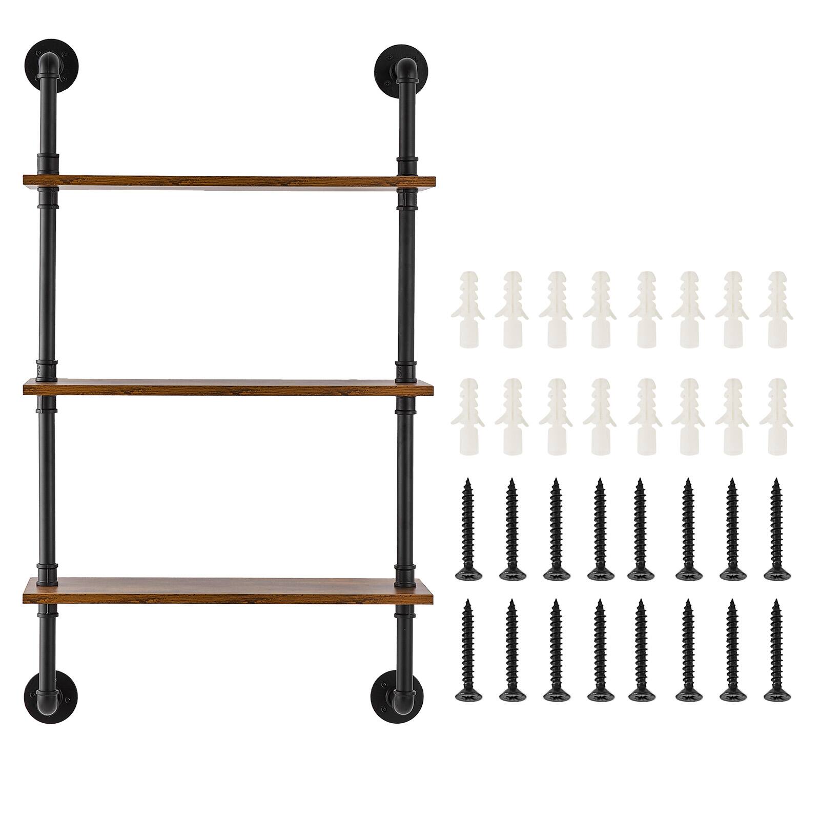 Alt View 5. VEVOR - Industrial Pipe Shelf, 3 Tier 24x7.87in, Wall-Mount Floating Rustic Wood Shelves Bracket Display Bookshelf - Black + vintage color.