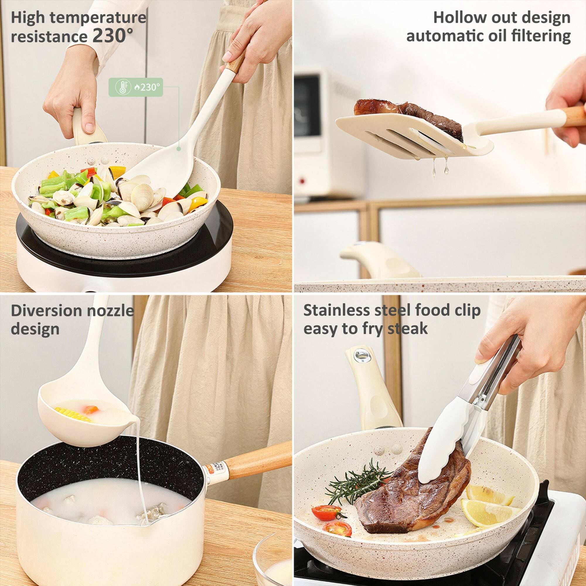 High temperature resistance 230°

Hollow out design automatic oil filtering

Diversion nozzle design

Stainless steel food clip easy to fry steak