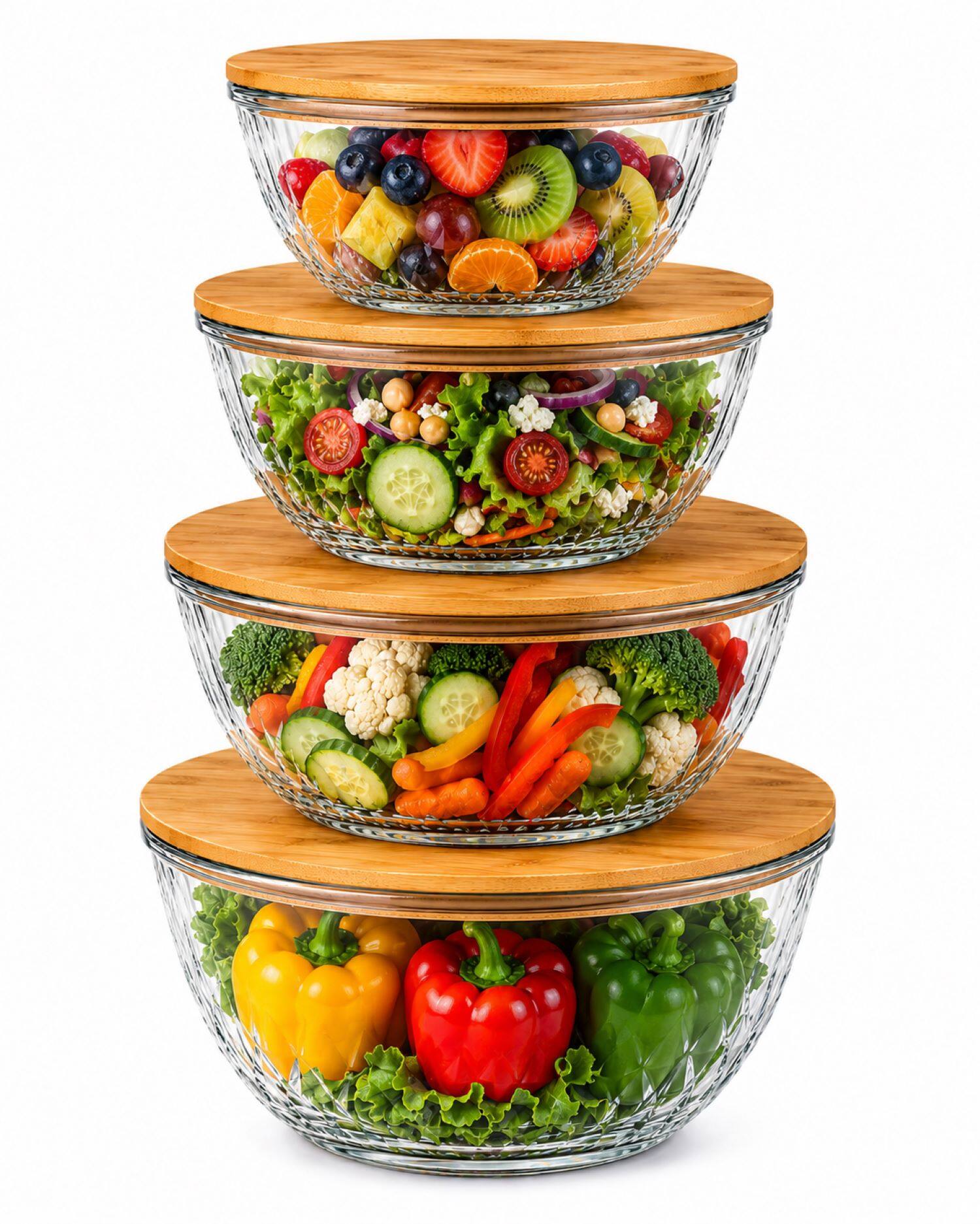 Alt View 8. Sorbus - Sorbus 4-Piece Glass Diamond Textured Bowl Set with Bamboo Lids, Mixing & Storage Microwave, Dishwasher & Freezer Safe.
