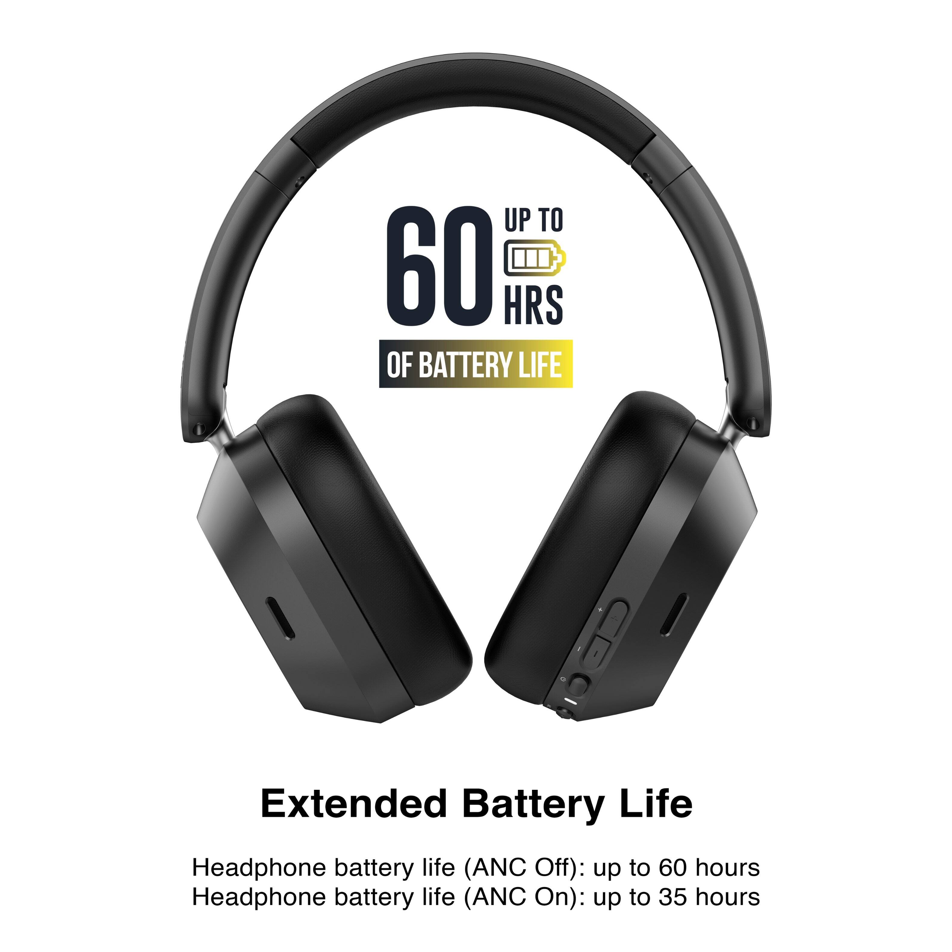 UP TO 60 HRS OF BATTERY LIFE

Extended Battery Life

Headphone battery life (ANC Off): up to 60 hours
Headphone battery life (ANC On): up to 35 hours