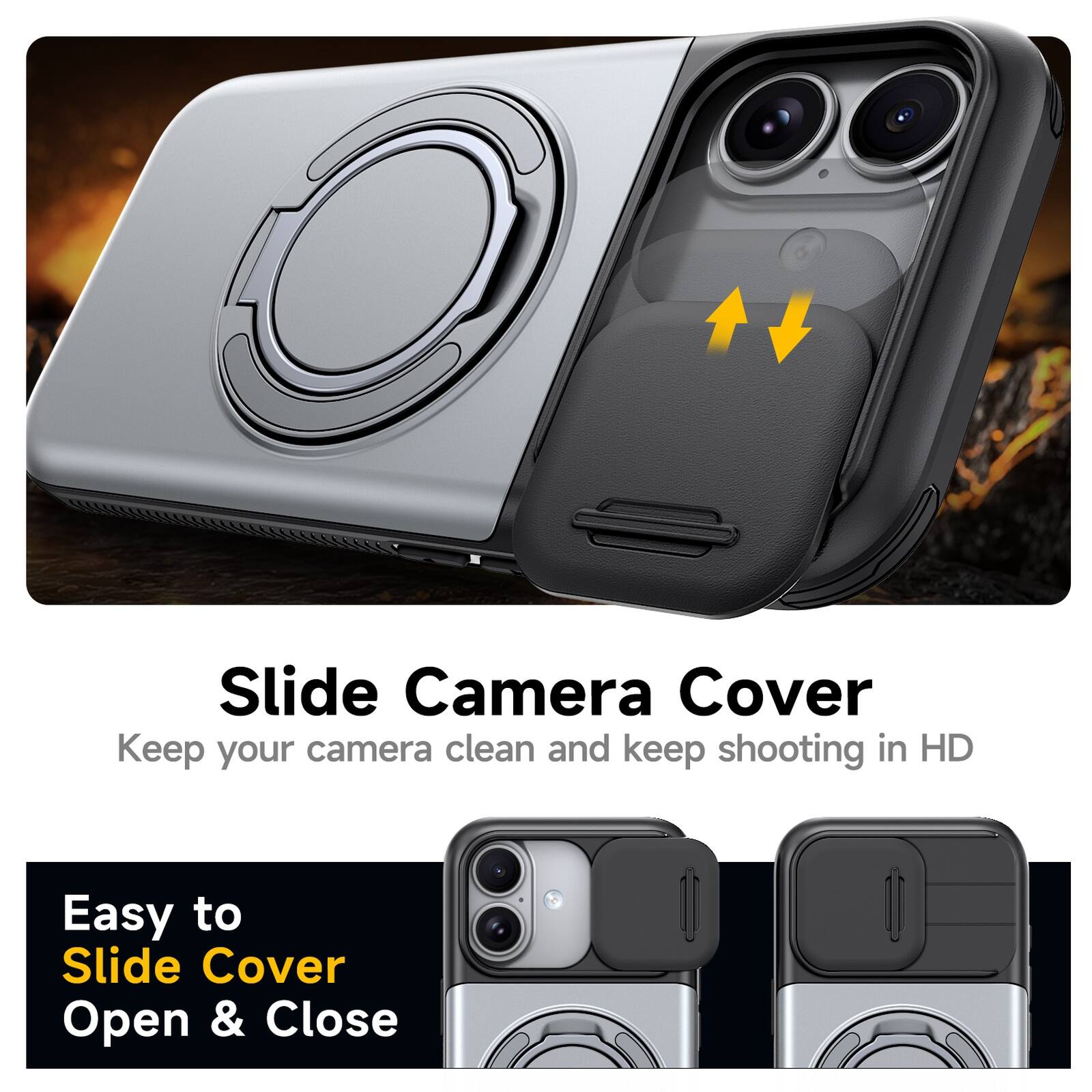 Slide Camera Cover  
Keep your camera clean and keep shooting in HD  
Easy to Slide Cover Open & Close