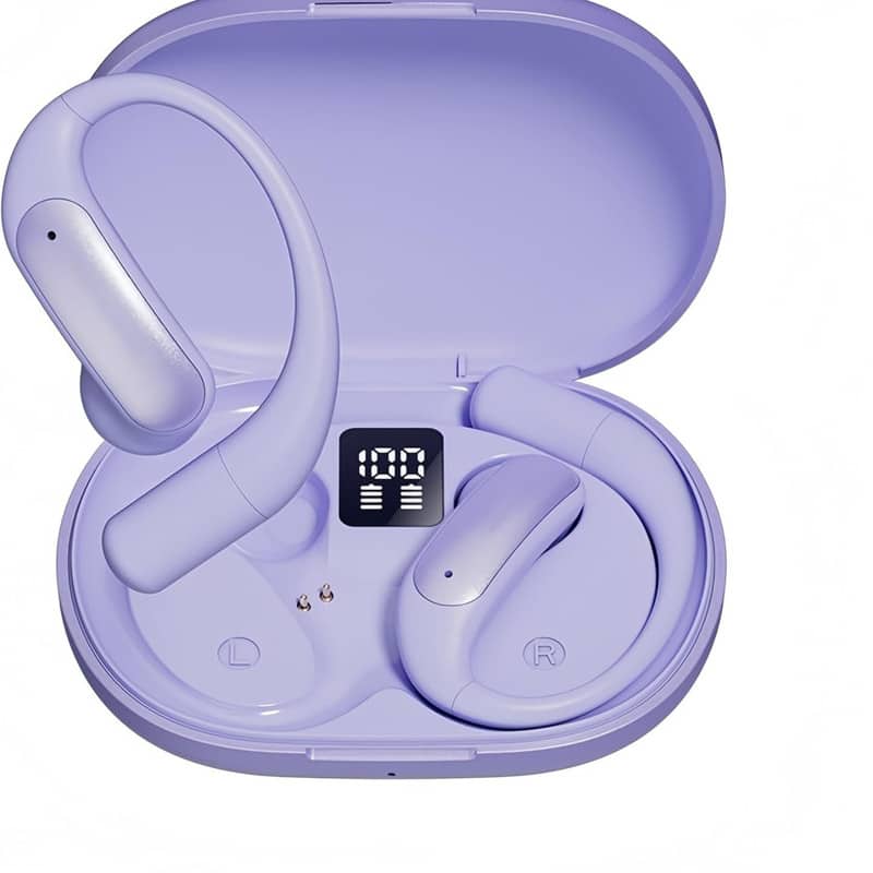SKRAN - Open-Ear Bluetooth Headphones with Active Noise Cancellation, Digital Display - for Sports, Office, Travel - Purple