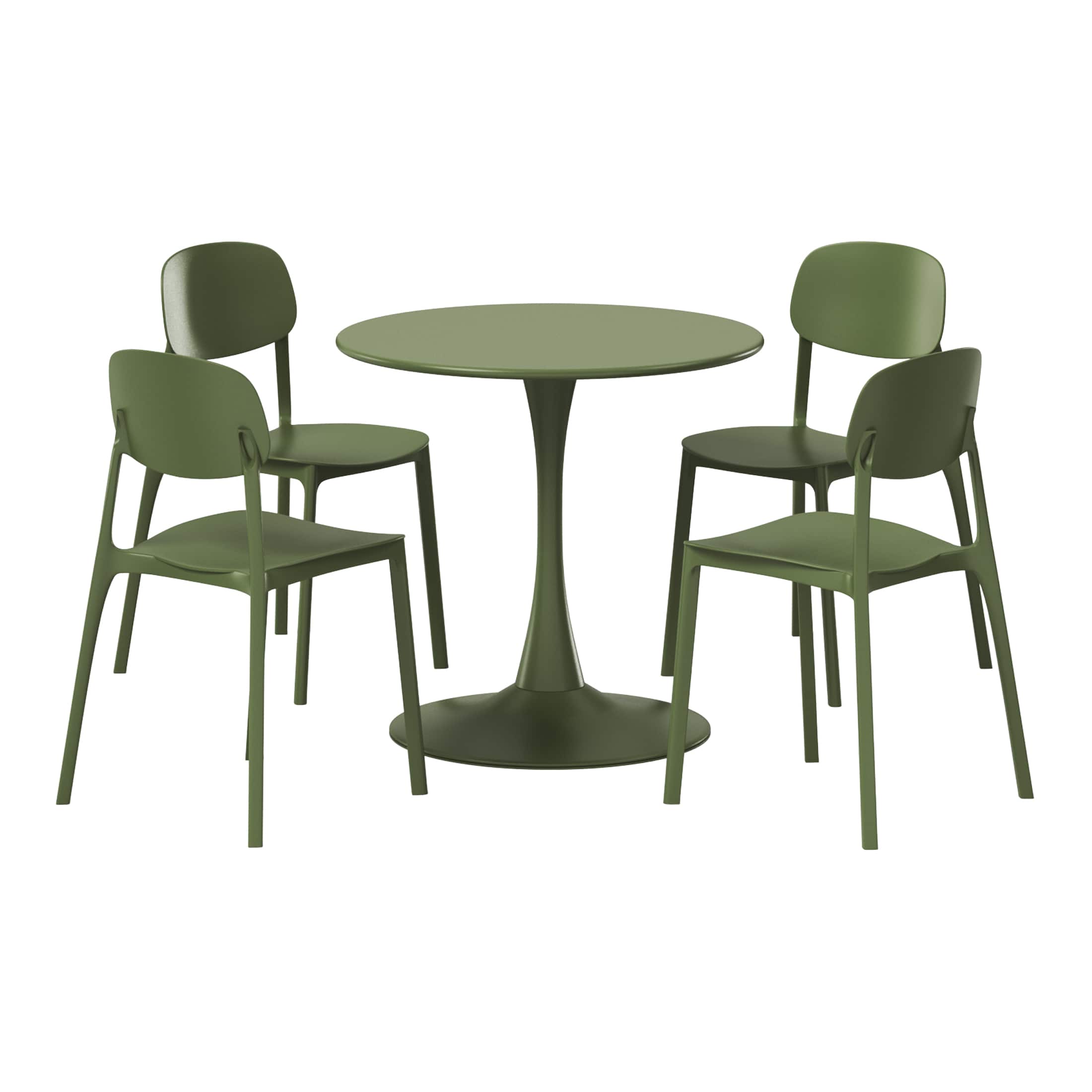 WestinTrends - Playa 5-Piece Indoor Outdoor Metal Round Patio Dining Table Set With Stackable Resin Patio Side Chairs - Olive Green