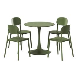 WestinTrends - Playa 5-Piece Indoor Outdoor Metal Round Patio Dining Table Set With Stackable Resin Patio Side Chairs - Olive Green