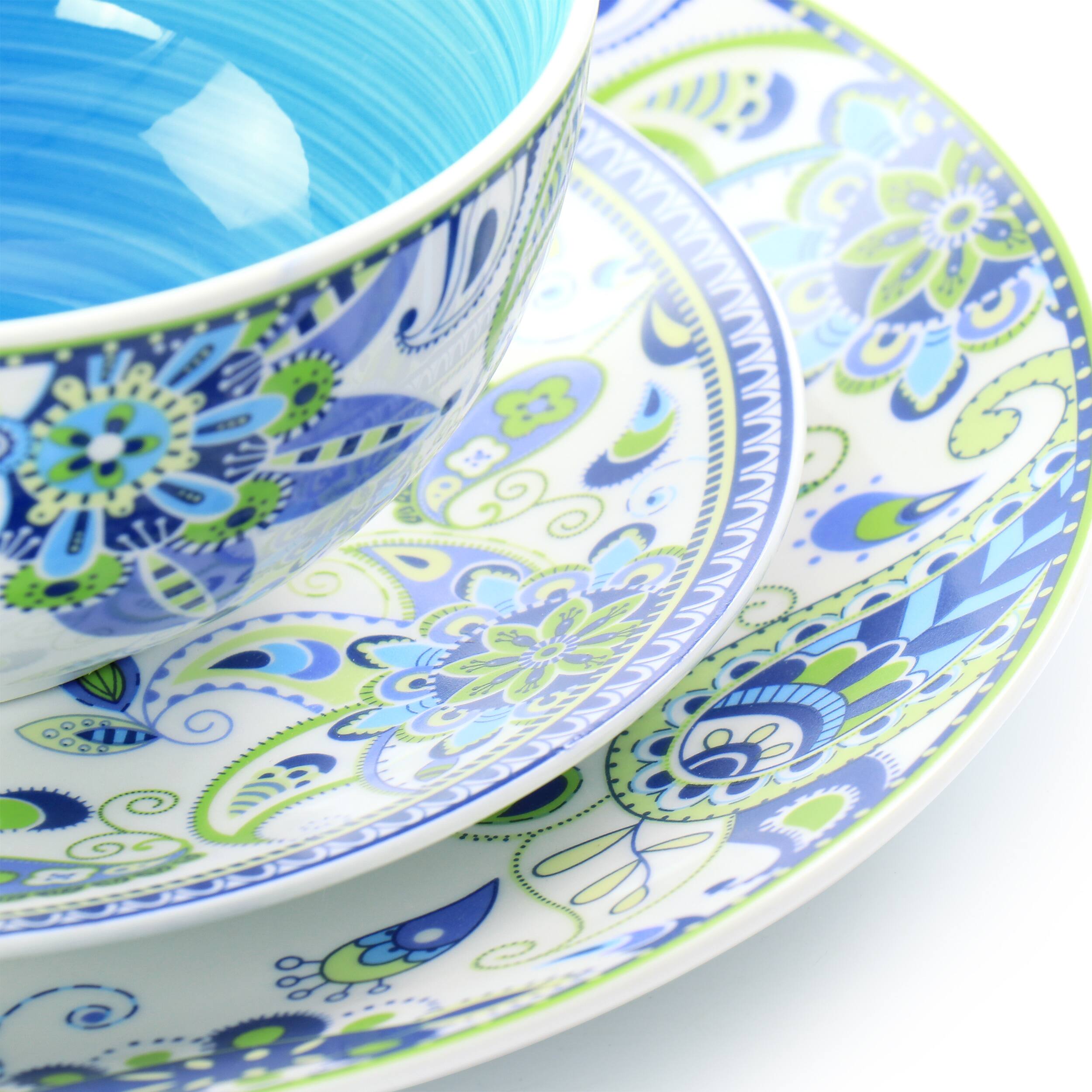 Alt View 7. Elama - Elama Blue Fiesta 16 Piece Round Porcelain Dinnerware Set - White, Blue, and Green.