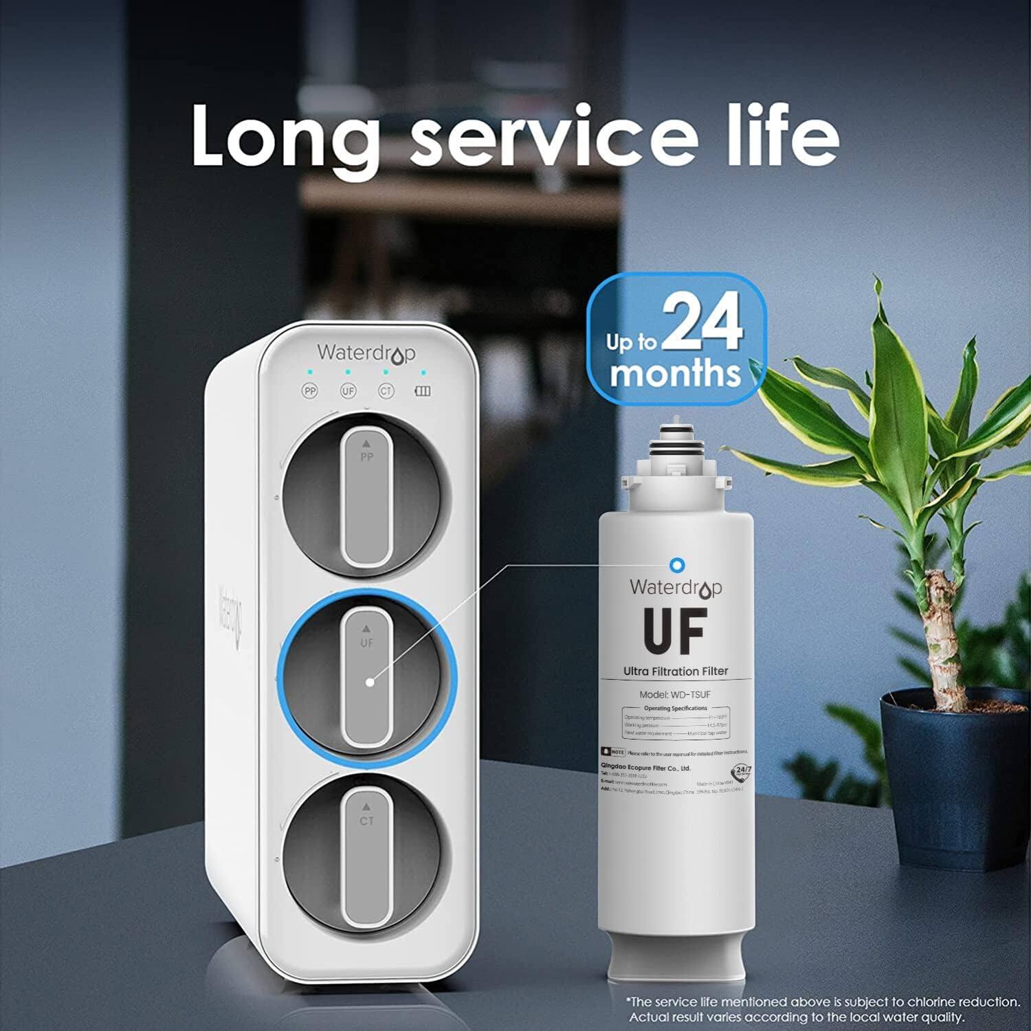 Long service life
Waterdrop UF
Up to 24 months
Waterdrop UF Ultra Filtration Filter Model WD-TSU
*The service life mentioned above is subject to chlorine reduction. Actual result varies according to the local water quality.