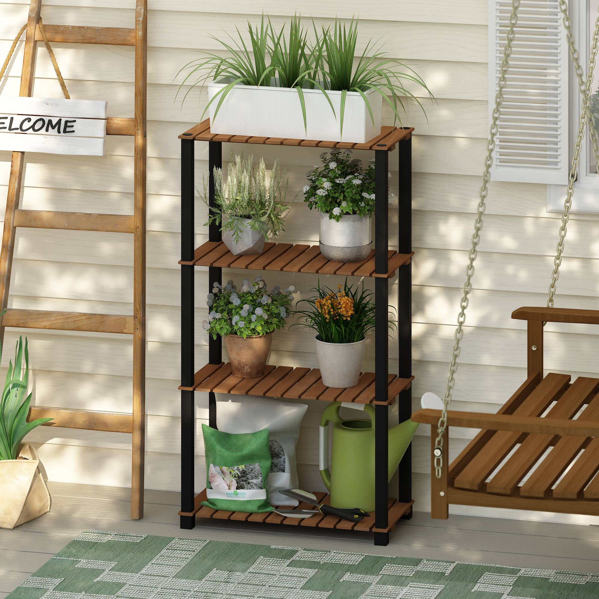 Alt View 5. Furinno - Pangkor 4-Tier Turn-N-Tube Indoor Outdoor Plant Shelf Wood Stand with Square Poles - Natural/Black.