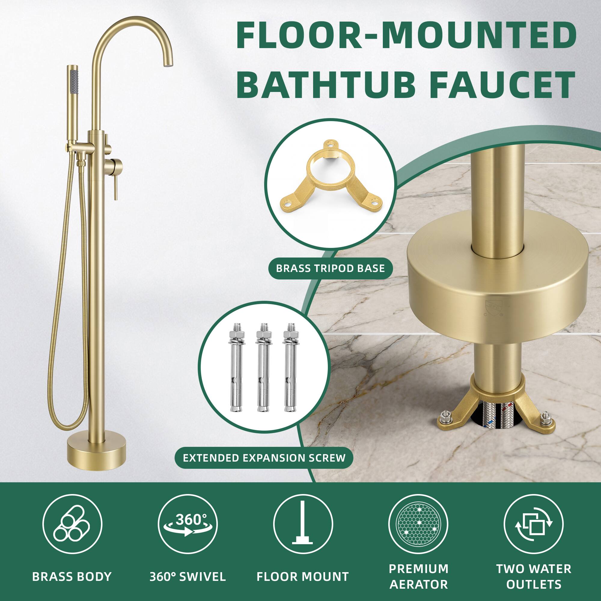FLOOR-MOUNTED BATHTUB FAUCET  
BRASS TRIPOD BASE  
EXTENDED EXPANSION SCREW  
BRASS BODY  
360° SWIVEL  
FLOOR MOUNT  
PREMIUM AERATOR  
TWO WATER OUTLETS