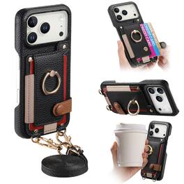 Dteck - Lychee Texture Wallet Case for Apple iPhone 17 Pro Max with Ring Stand,Crossbody Faux Leather Cover with Card Holder - Black