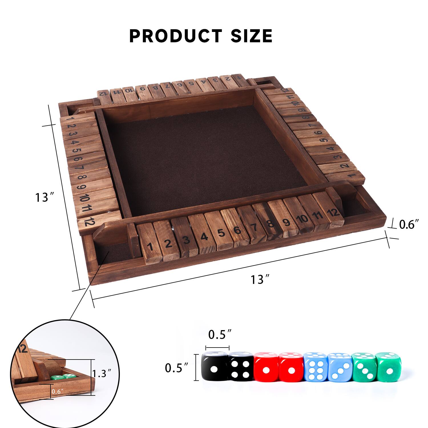 PRODUCT SIZE: 13" 0.6" 13" 0.5" 0.5" 0.6" 1.3"