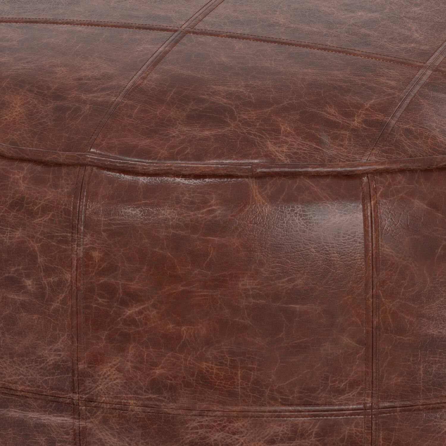 Alt View 2. Simpli Home - Simpli Home Connor 34 inch Wide Round Coffee Table Pouf in Distressed Brown Genuine Leather - Distressed Brown.